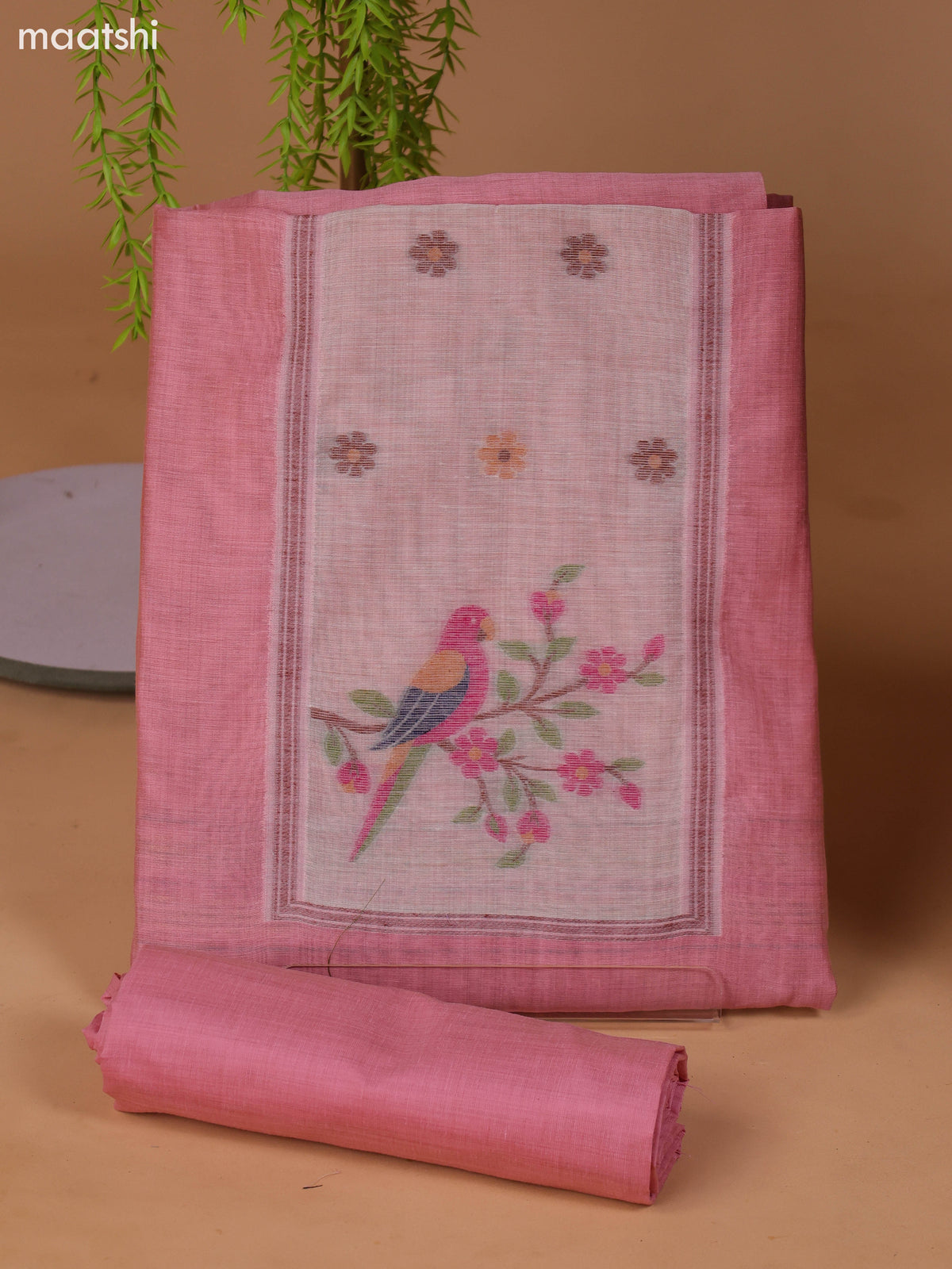 Pastel Pink Munga Cotton Dress Material With Thread Weaves Neck Pattern and Bottom & Dupatta