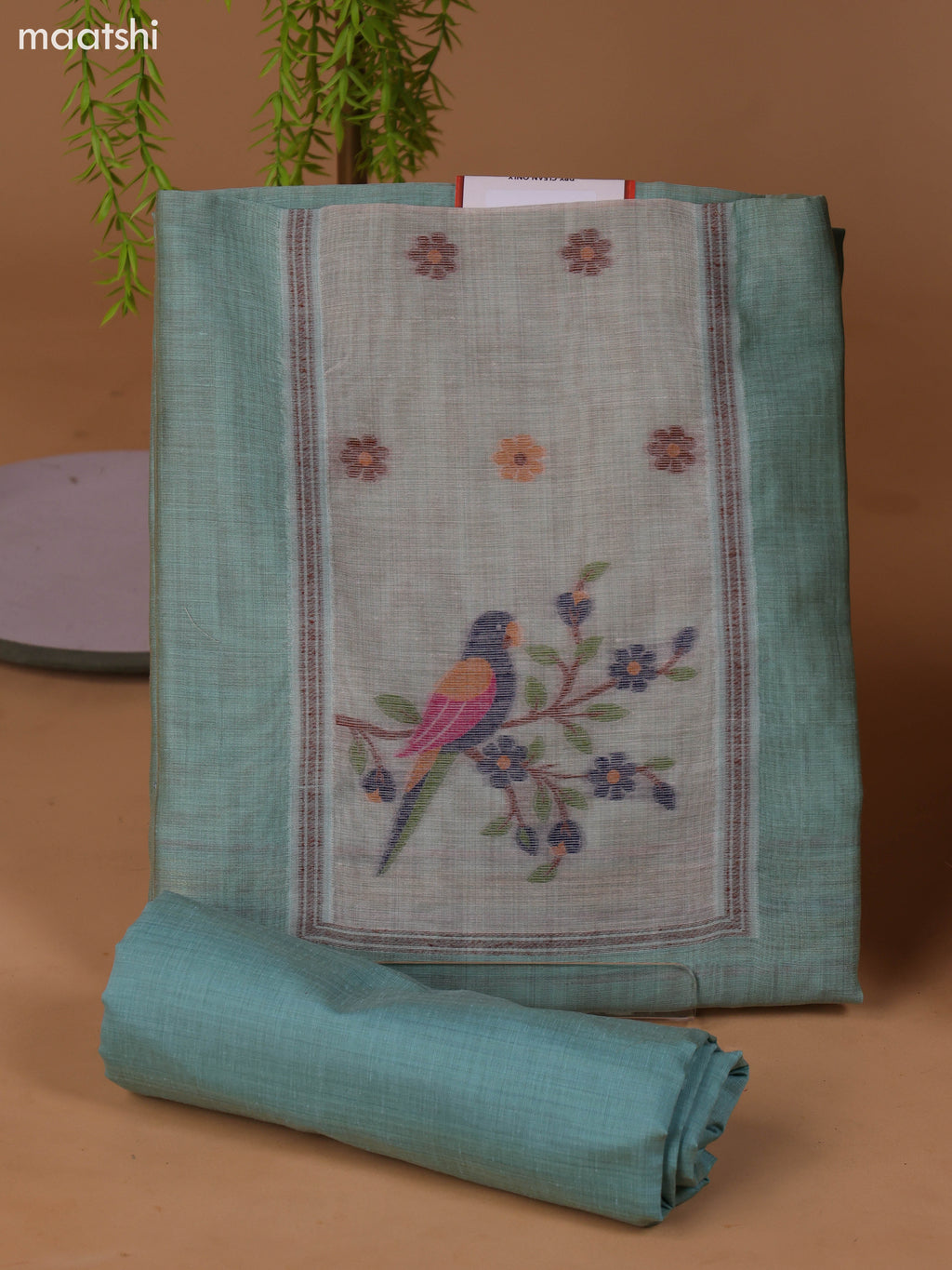 Pastel Blue Munga Cotton Dress Material With Thread Weaves Neck Pattern and Bottom & Dupatta