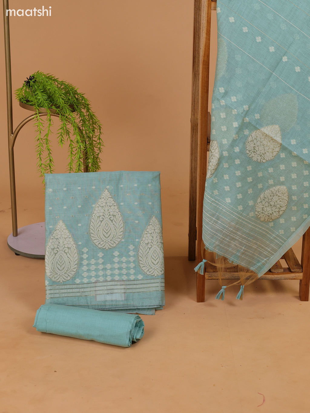 Pastel Blue Munga Cotton Dress Material With Thread & Zari Weaves Border and Bottom & Dupatta