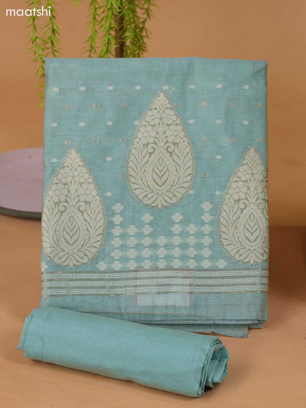 Pastel Blue Munga Cotton Dress Material With Thread & Zari Weaves Border and Bottom & Dupatta