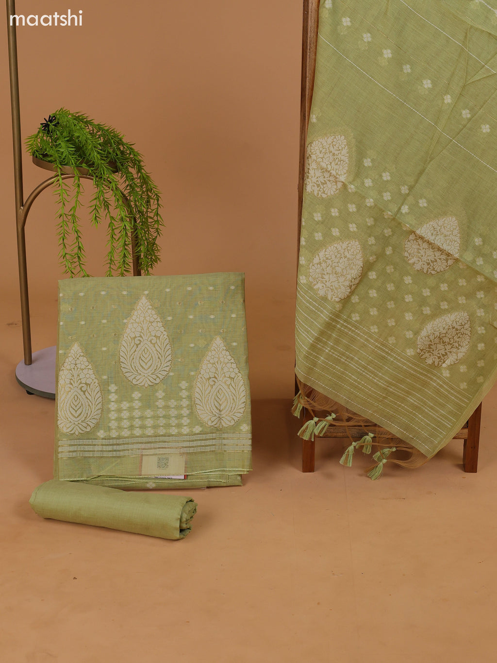 Mild Pista Green Munga Cotton Dress Material With Thread & Zari Weaves Border and Bottom & Dupatta
