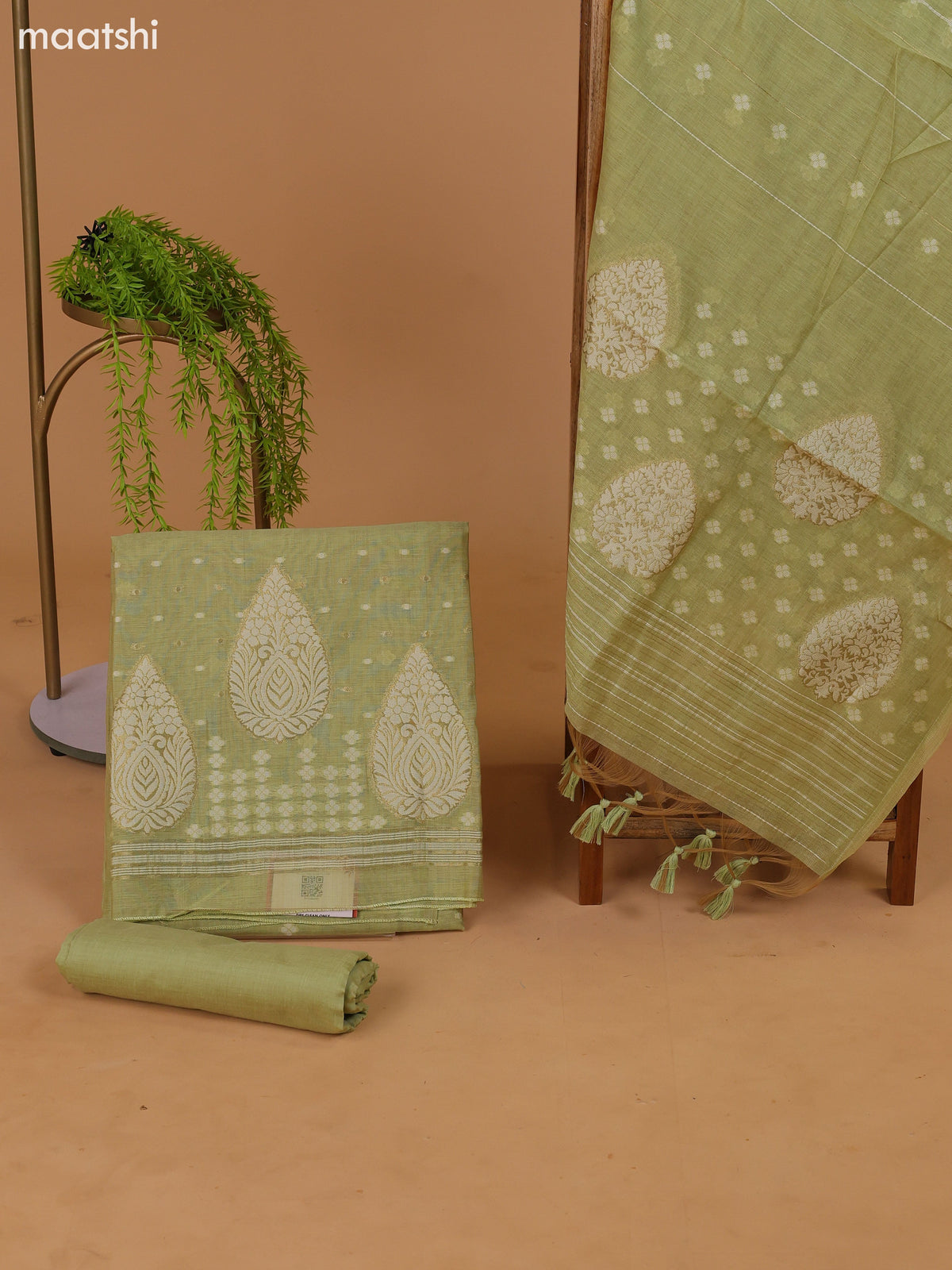 Mild Pista Green Munga Cotton Dress Material With Thread & Zari Weaves Border and Bottom & Dupatta