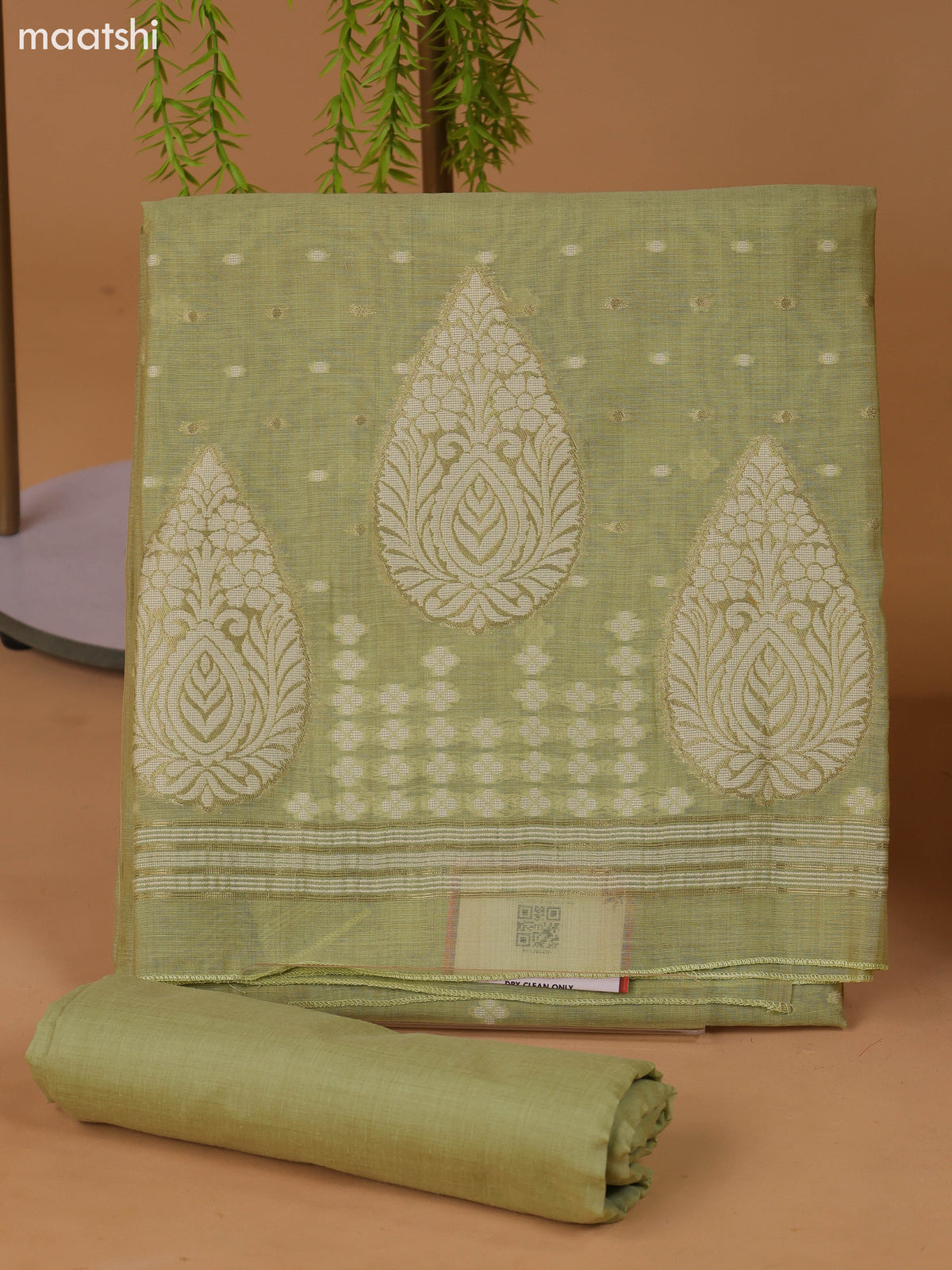 Mild Pista Green Munga Cotton Dress Material With Thread & Zari Weaves Border and Bottom & Dupatta