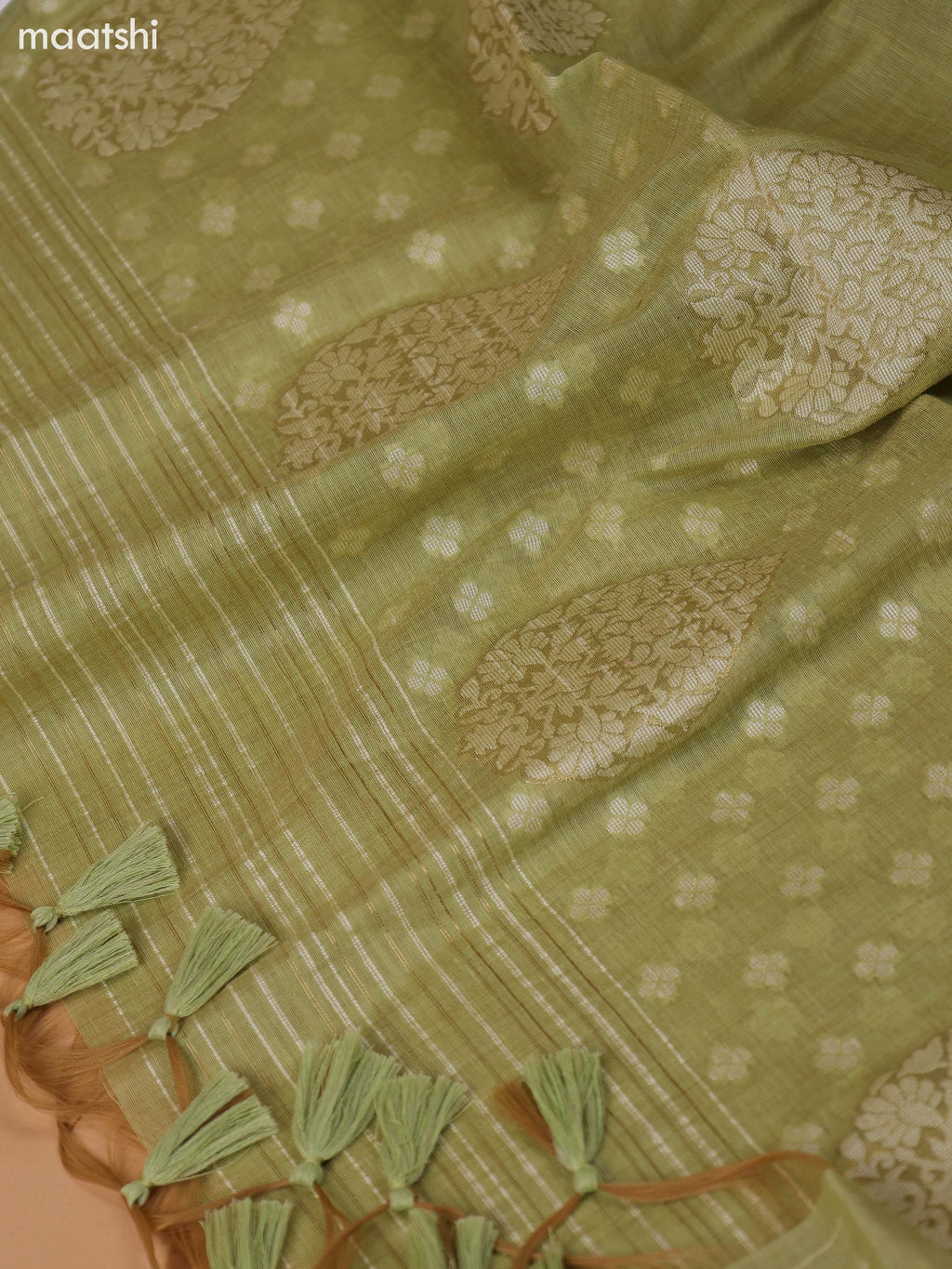 Mild Pista Green Munga Cotton Dress Material With Thread & Zari Weaves Border and Bottom & Dupatta