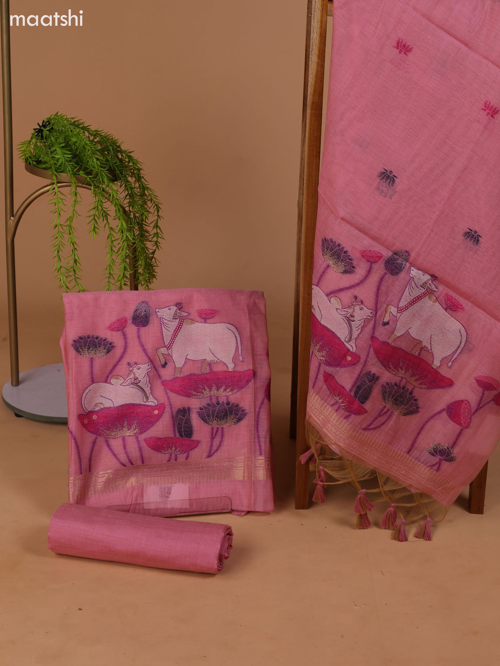 Pastel Pink Munga Cotton Dress Material With Pichwai Design & Zari Weaves Border and Bottom & Dupatta