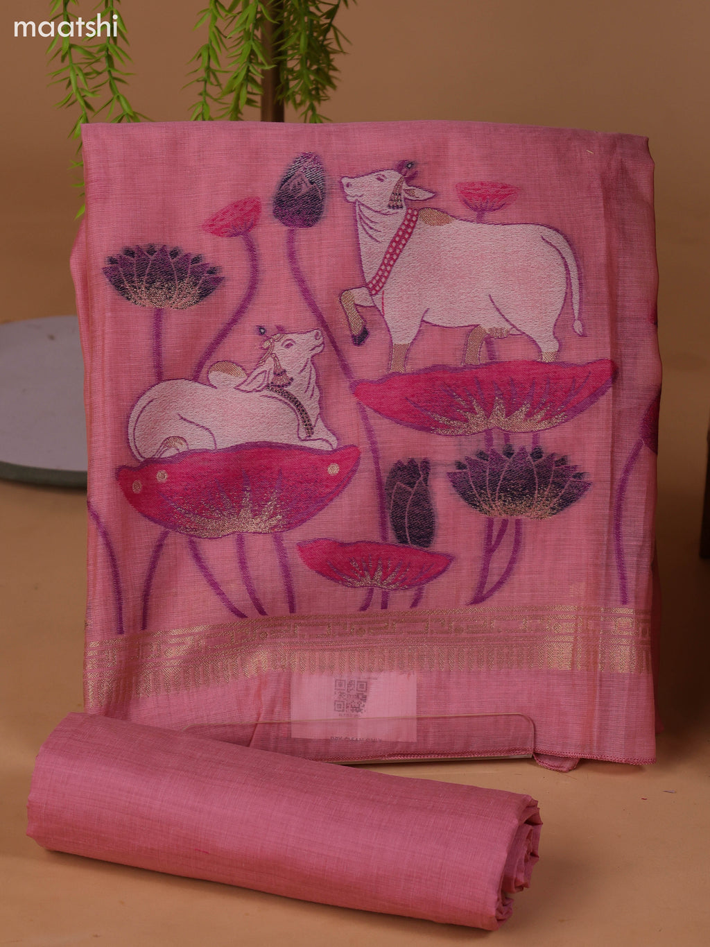Pastel Pink Munga Cotton Dress Material With Pichwai Design & Zari Weaves Border and Bottom & Dupatta