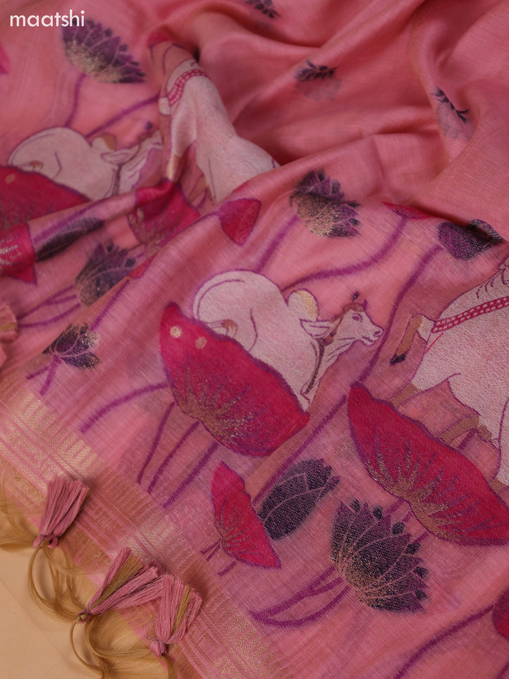 Pastel Pink Munga Cotton Dress Material With Pichwai Design & Zari Weaves Border and Bottom & Dupatta