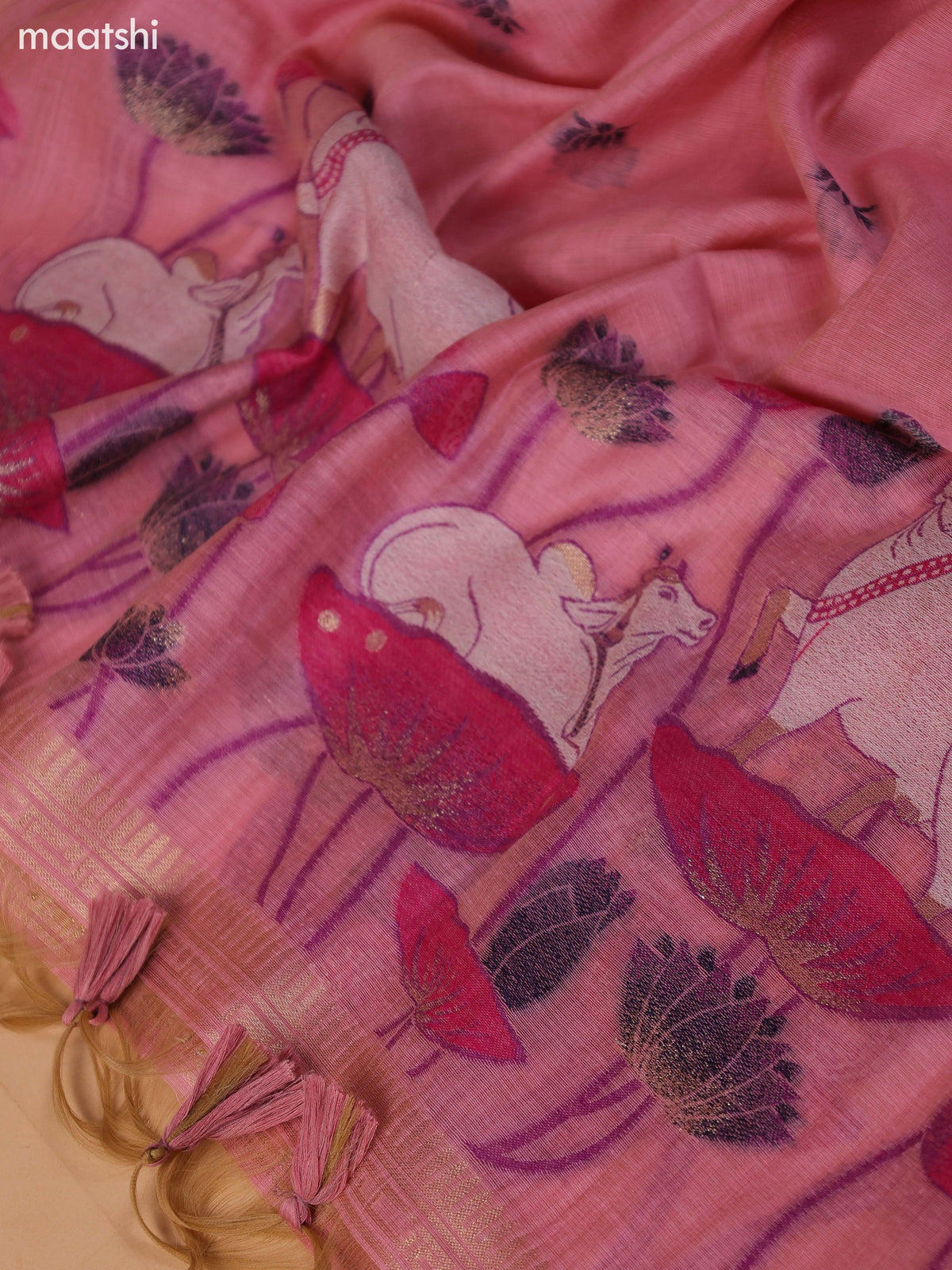 Pastel Pink Munga Cotton Dress Material With Pichwai Design & Zari Weaves Border and Bottom & Dupatta