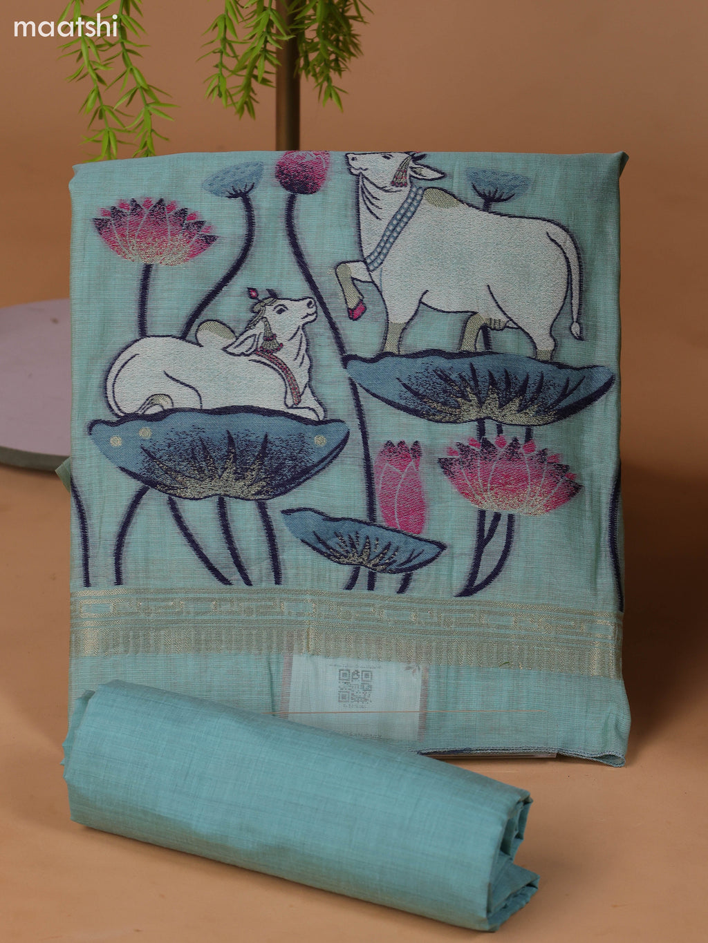 Pastel Blue Munga Cotton Dress Material With Pichwai Design & Zari Weaves Border and Bottom & Dupatta