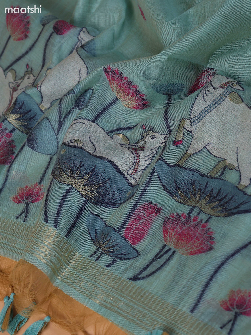 Pastel Blue Munga Cotton Dress Material With Pichwai Design & Zari Weaves Border and Bottom & Dupatta