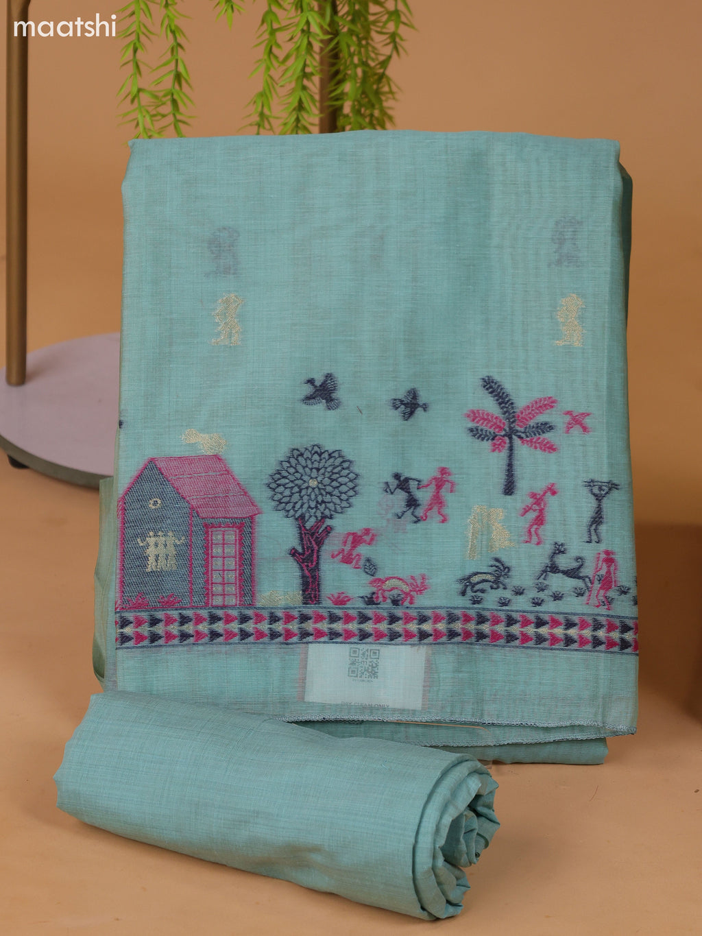 Pastel Blue Munga Cotton Dress Material With Thread Weaves Border and Bottom & Dupatta