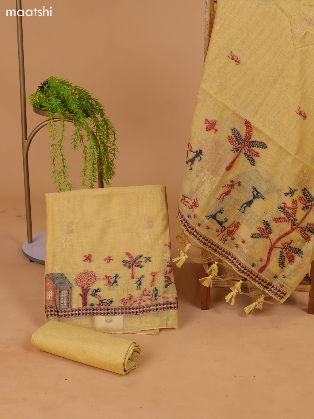 Pastel Yellow Munga Cotton Dress Material With Thread Weaves Border and Bottom & Dupatta