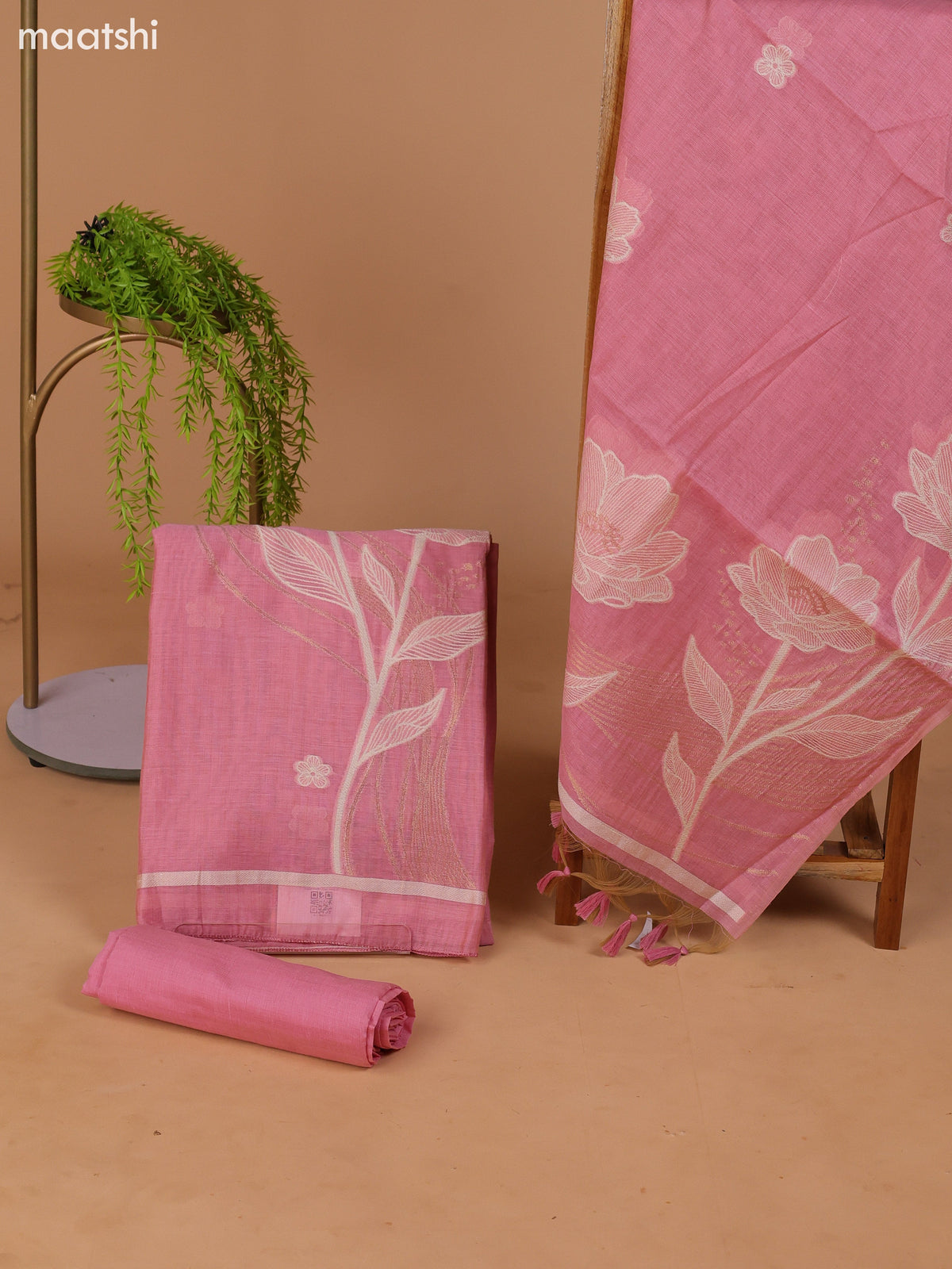 Pastel Pink Munga Cotton Dress Material With Thread & Zari Weaves and Bottom & Dupatta