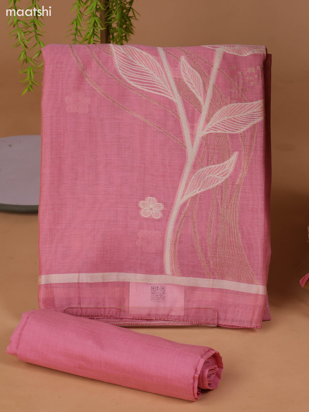 Pastel Pink Munga Cotton Dress Material With Thread & Zari Weaves and Bottom & Dupatta