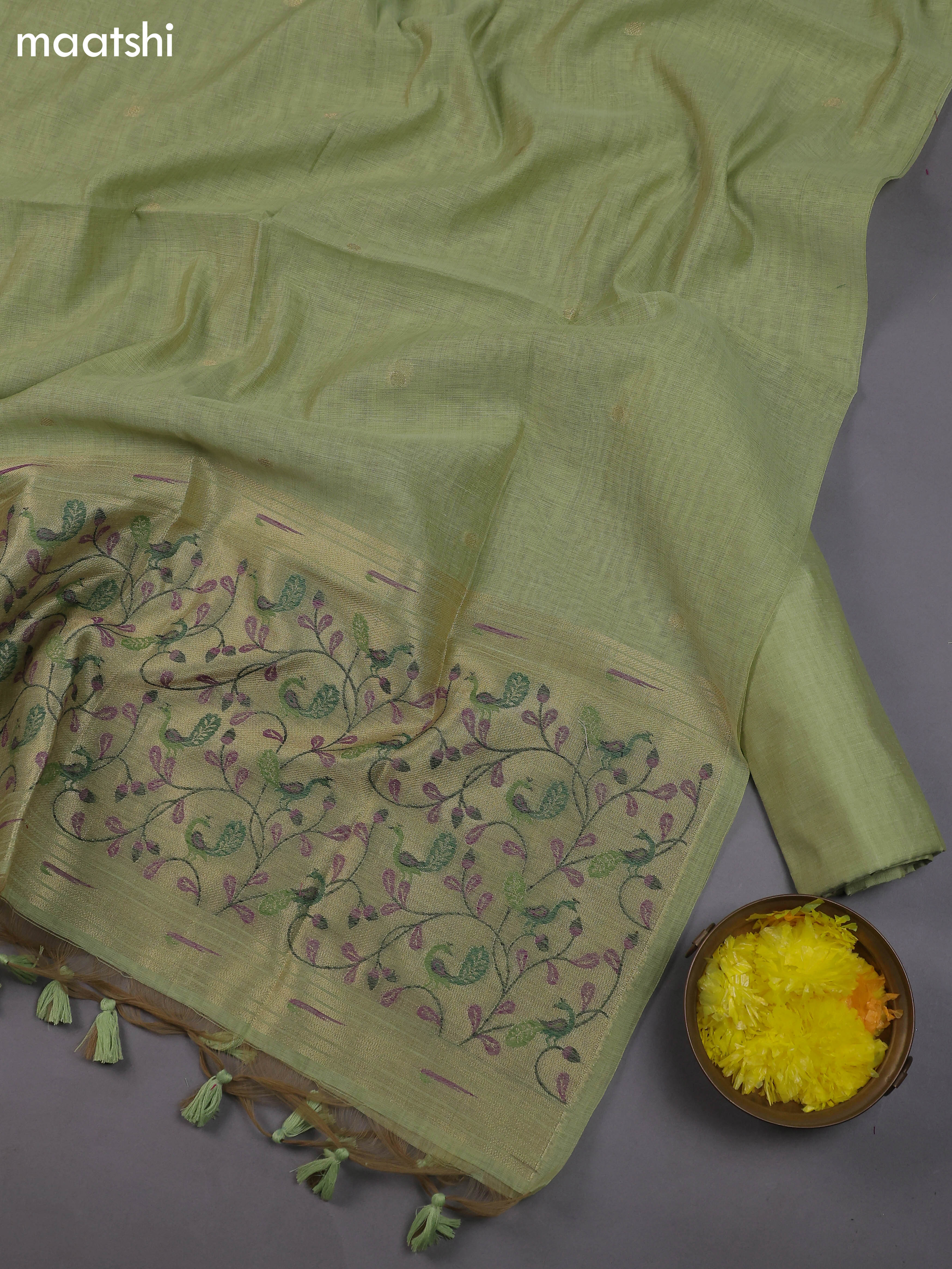 Green Munga Cotton Dress Material With Thread & Zari Neck Pattern – Maatshi