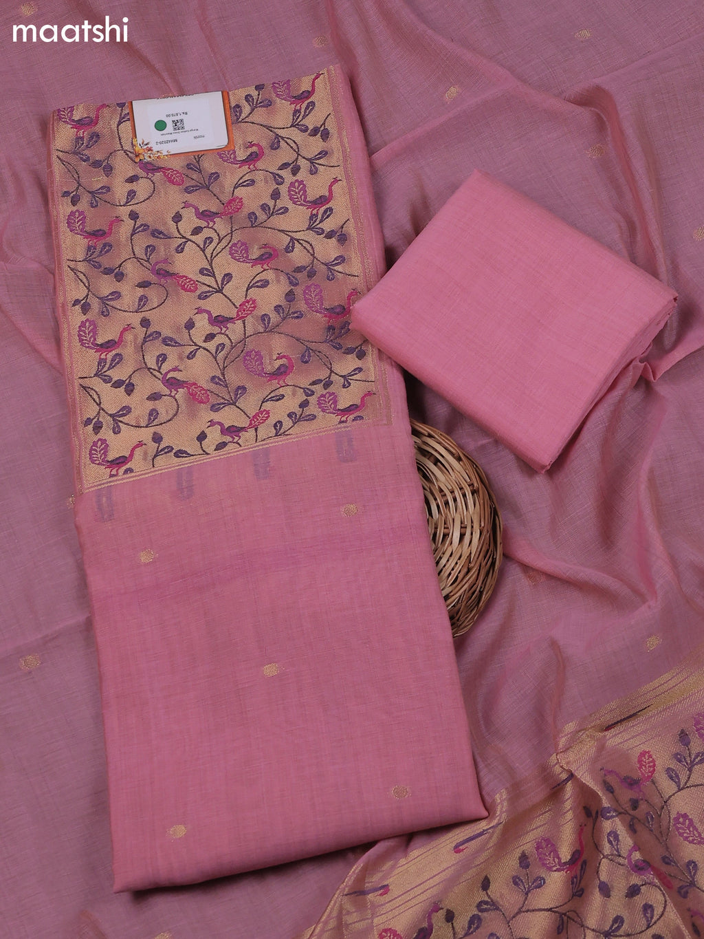 Peach Pink Munga Cotton Dress Material With Thread & Zari Neck Pattern