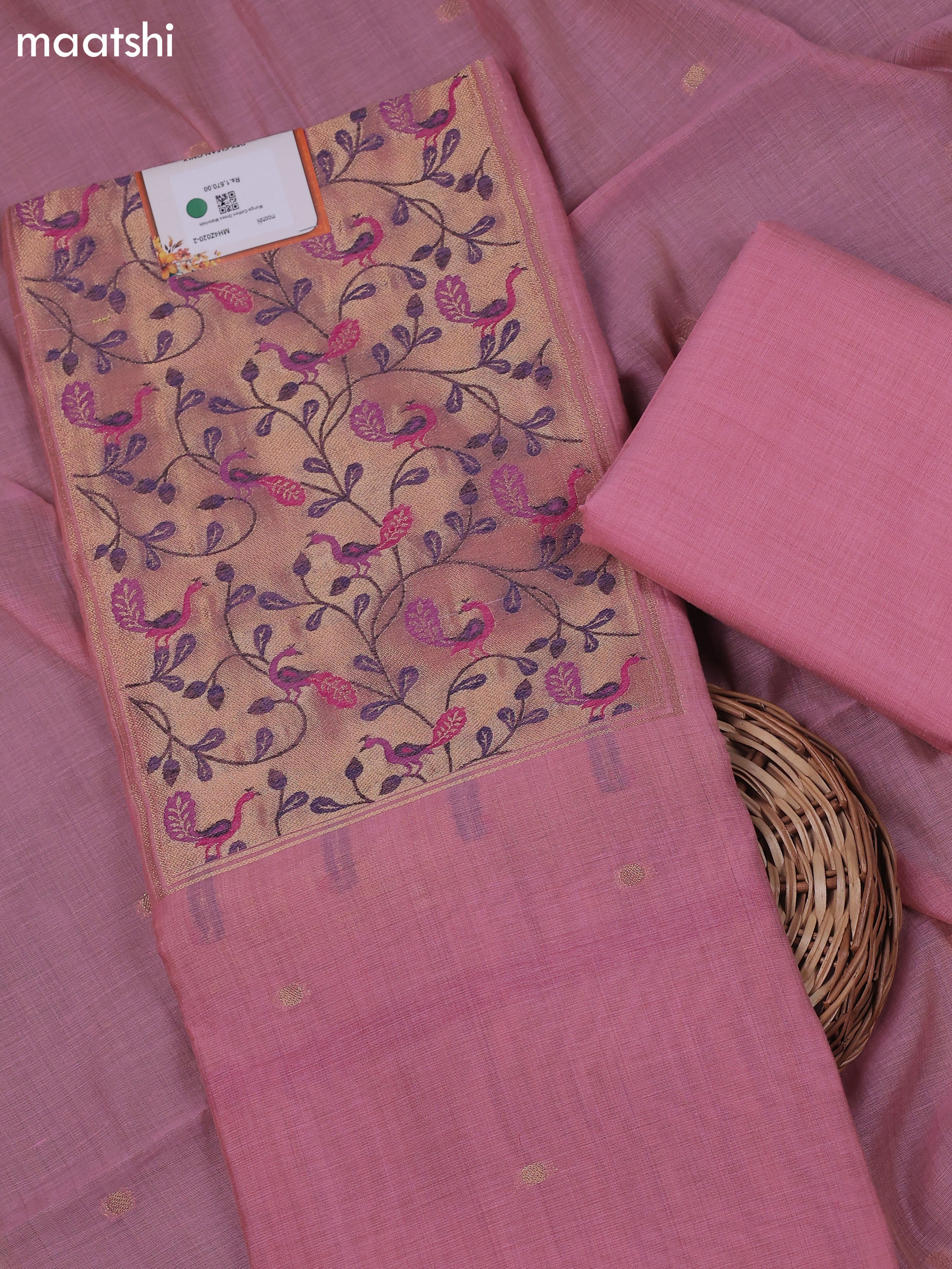 Peach Pink Munga Cotton Dress Material With Thread & Zari Neck Pattern
