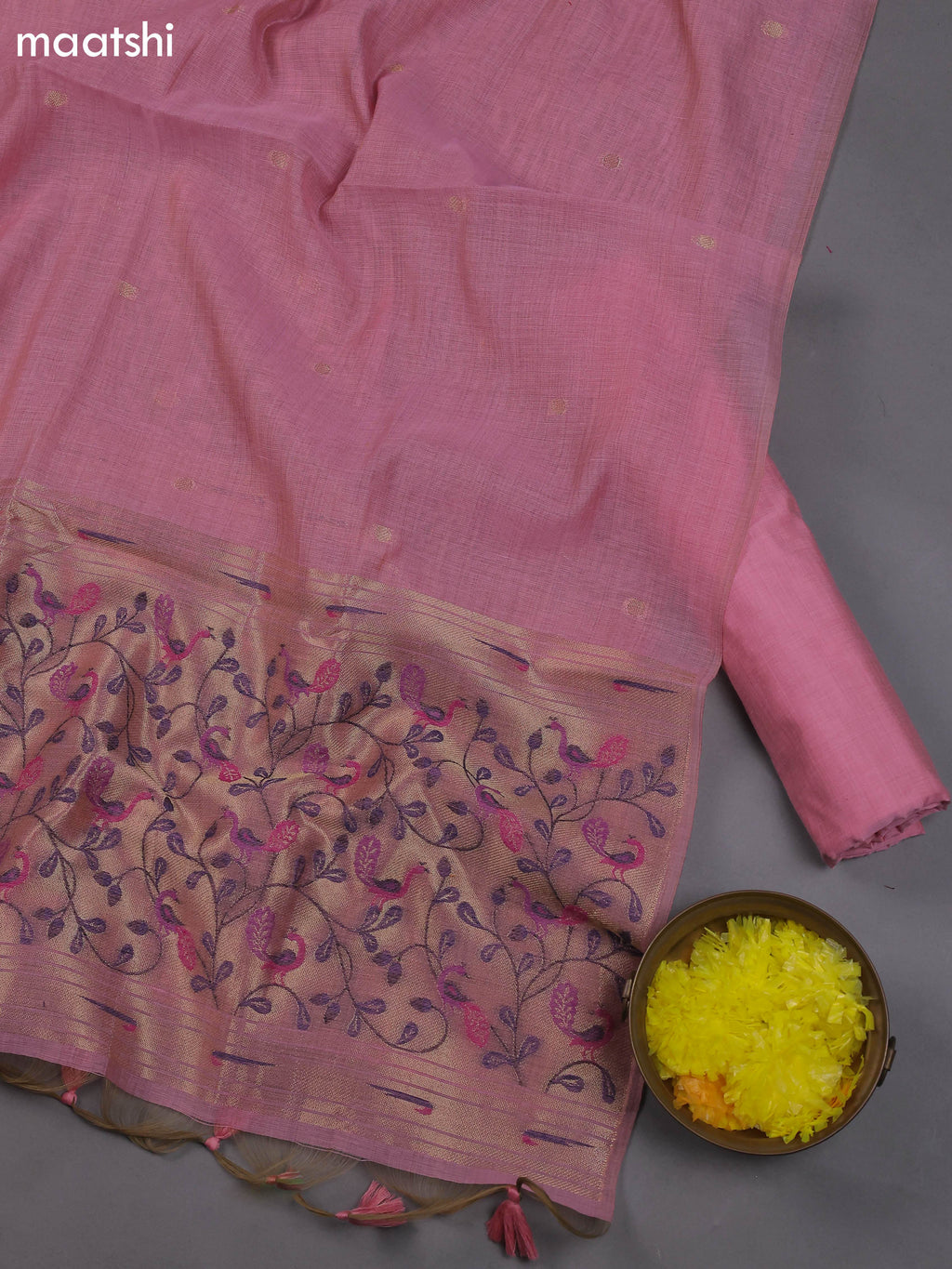 Peach Pink Munga Cotton Dress Material With Thread & Zari Neck Pattern