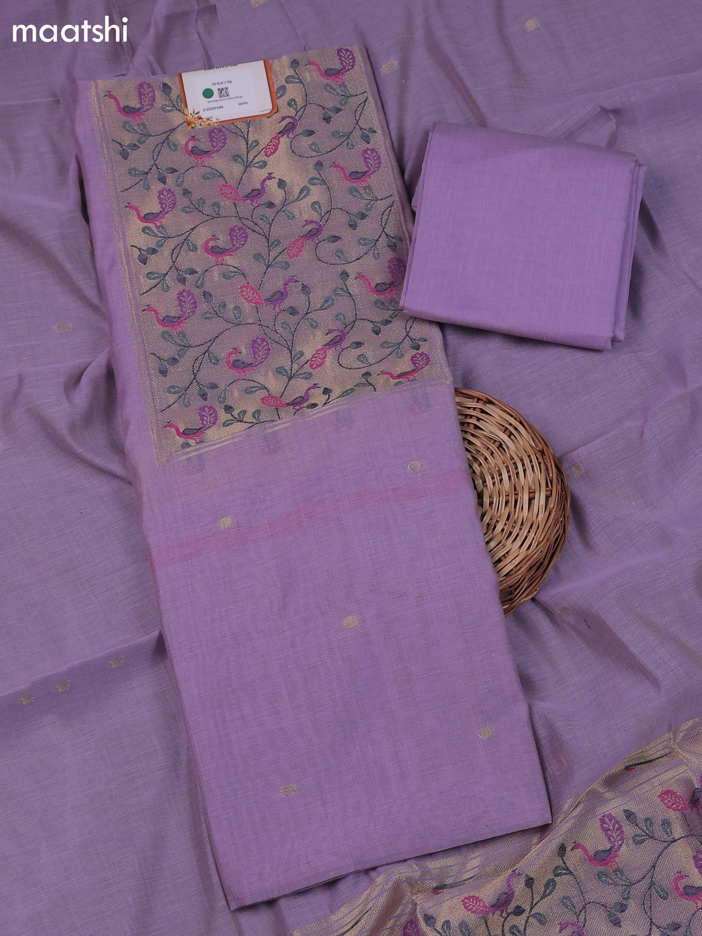 Purple Munga Cotton Dress Material With Thread & Zari Neck Pattern