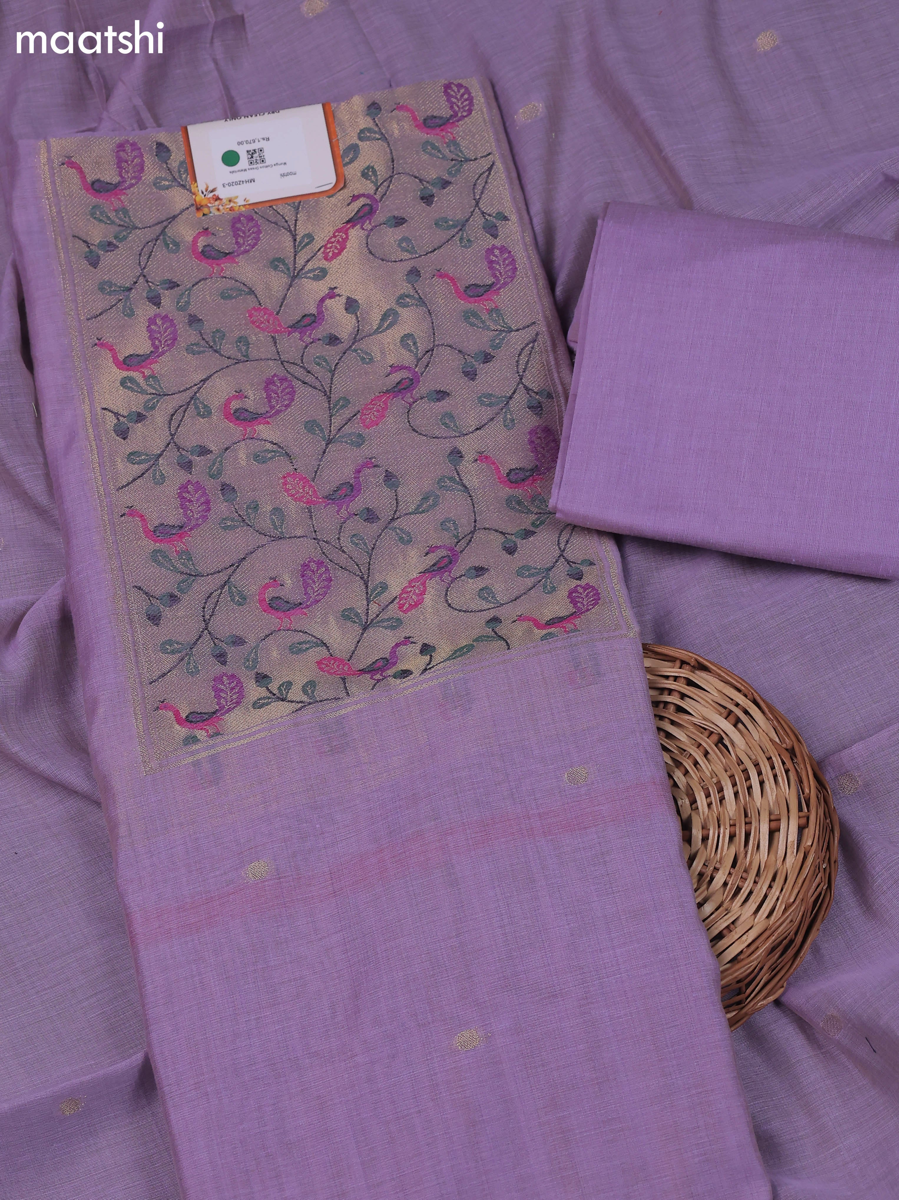 Purple Munga Cotton Dress Material With Thread & Zari Neck Pattern