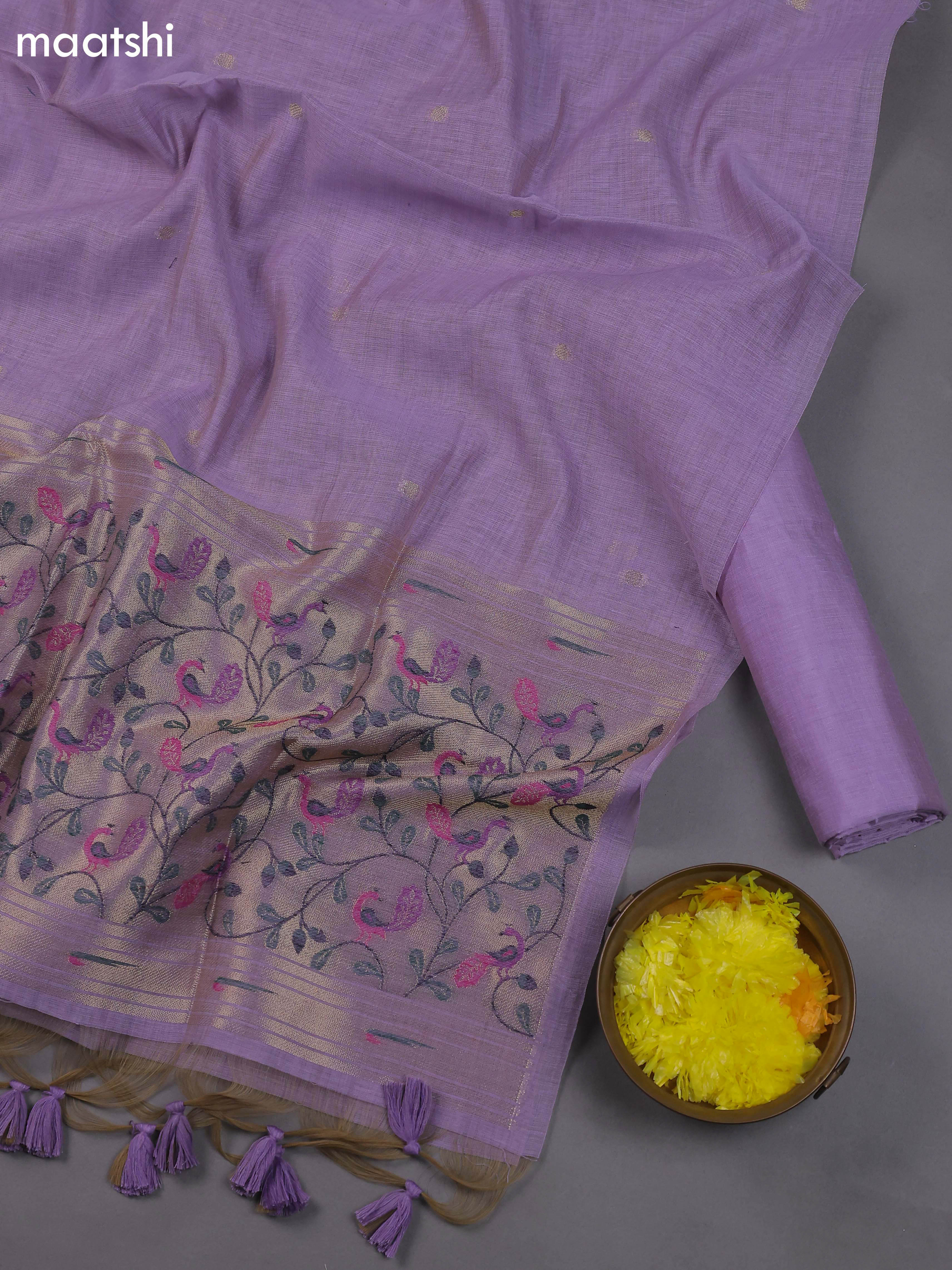 Purple Munga Cotton Dress Material With Thread & Zari Neck Pattern