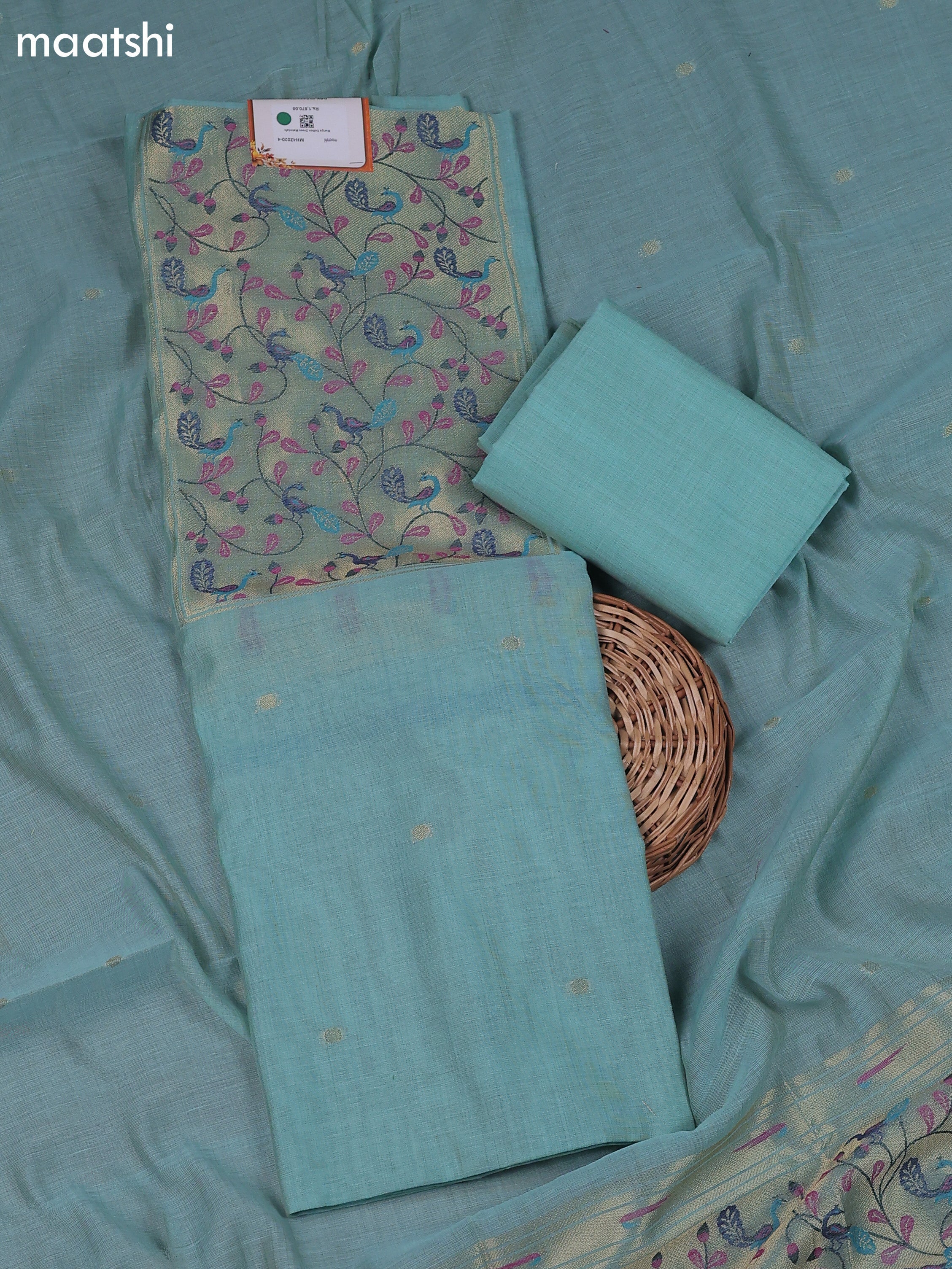 Teal Green Munga Cotton Dress Material With Thread & Zari Neck Pattern