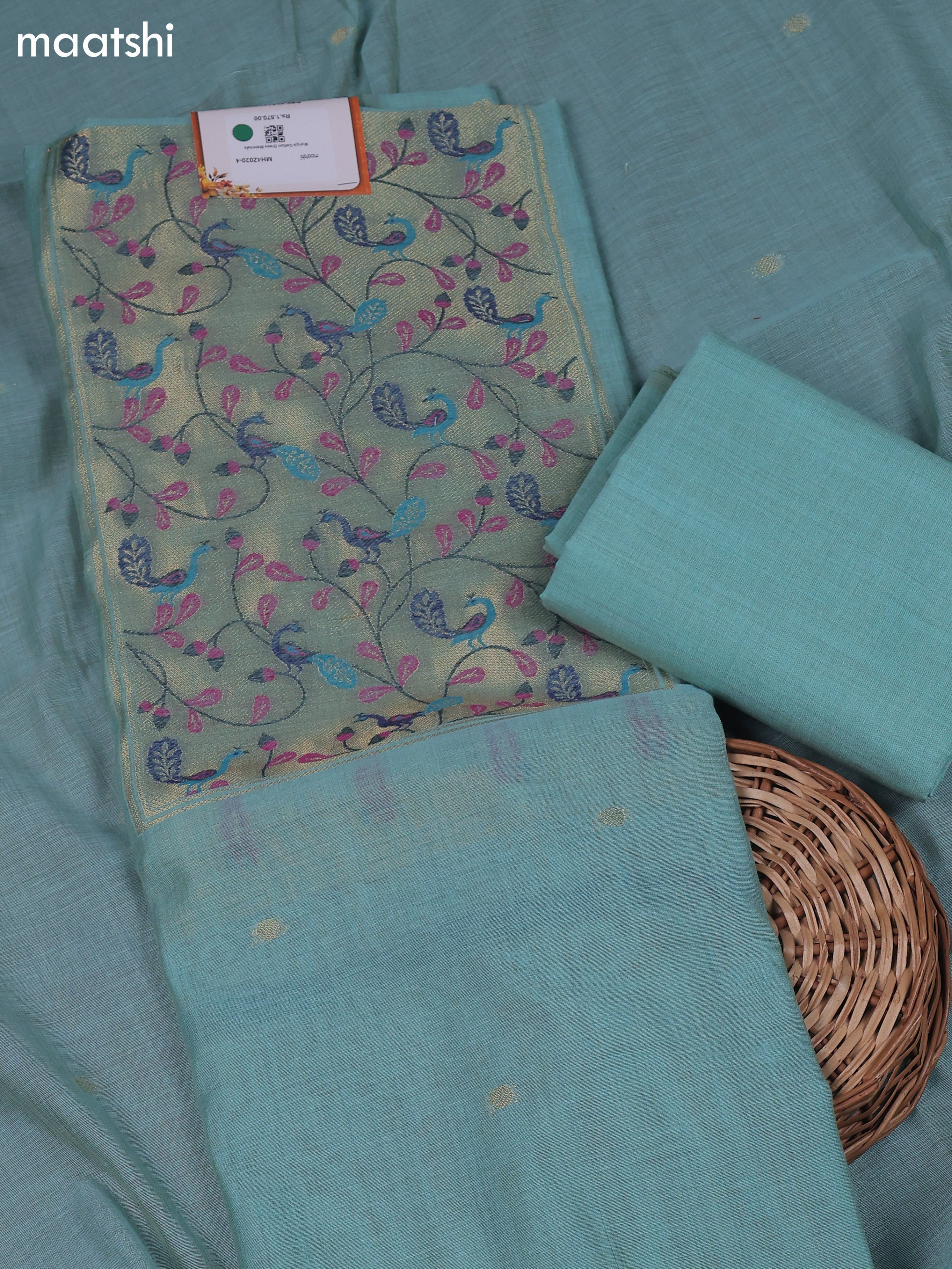 Teal Green Munga Cotton Dress Material With Thread & Zari Neck Pattern