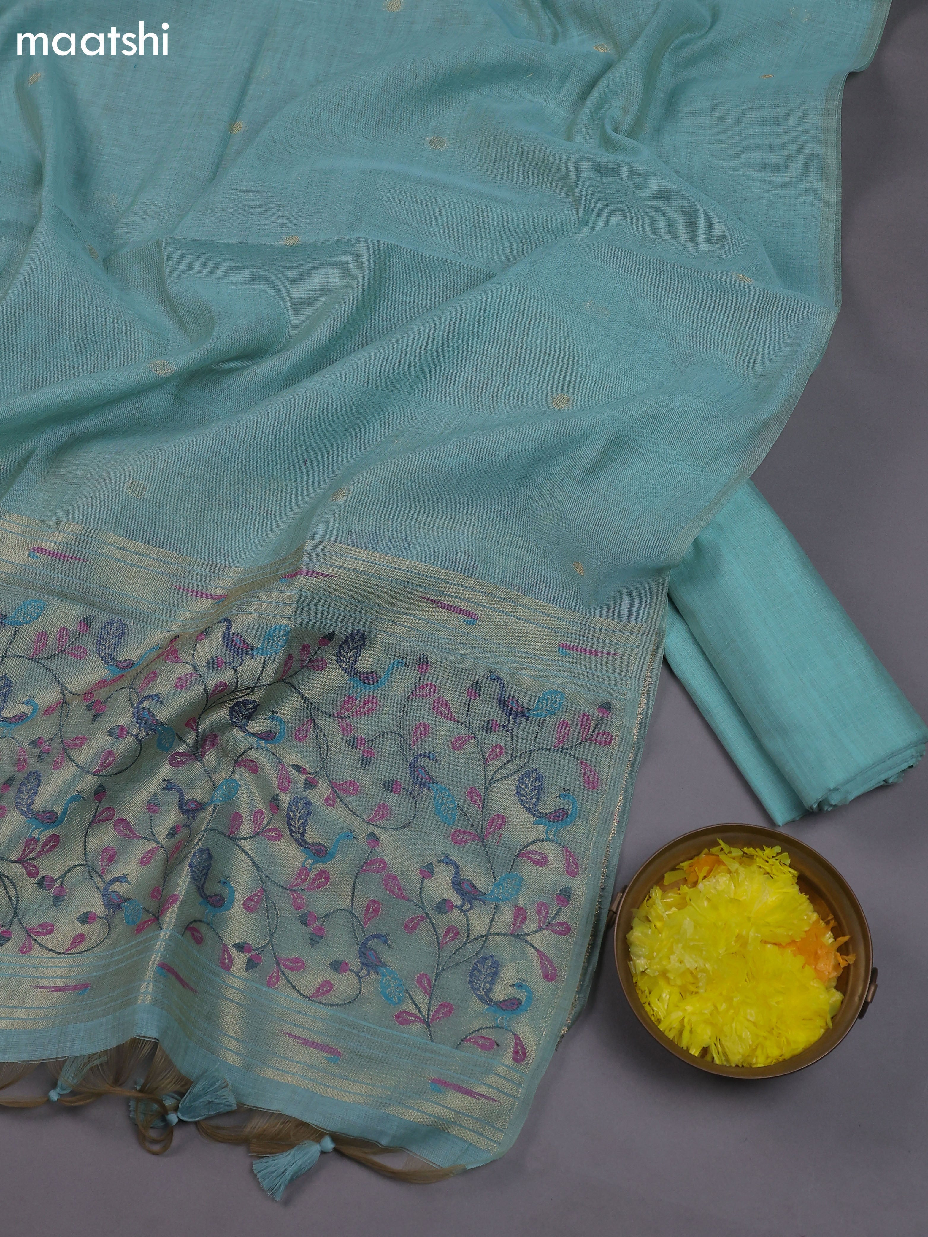 Teal Green Munga Cotton Dress Material With Thread & Zari Neck Pattern