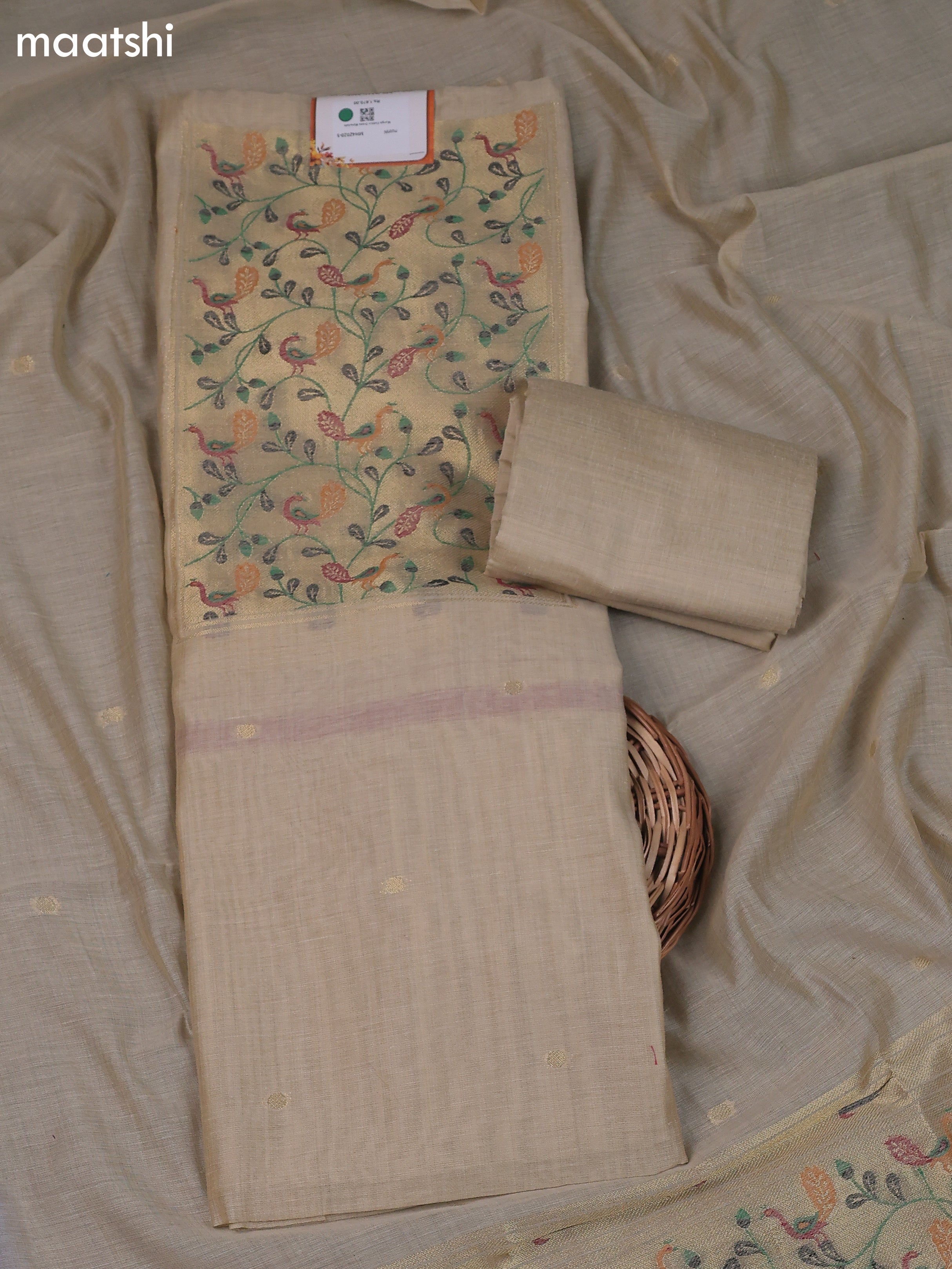 Sandal Munga Cotton Dress Material With Thread & Zari Neck Pattern