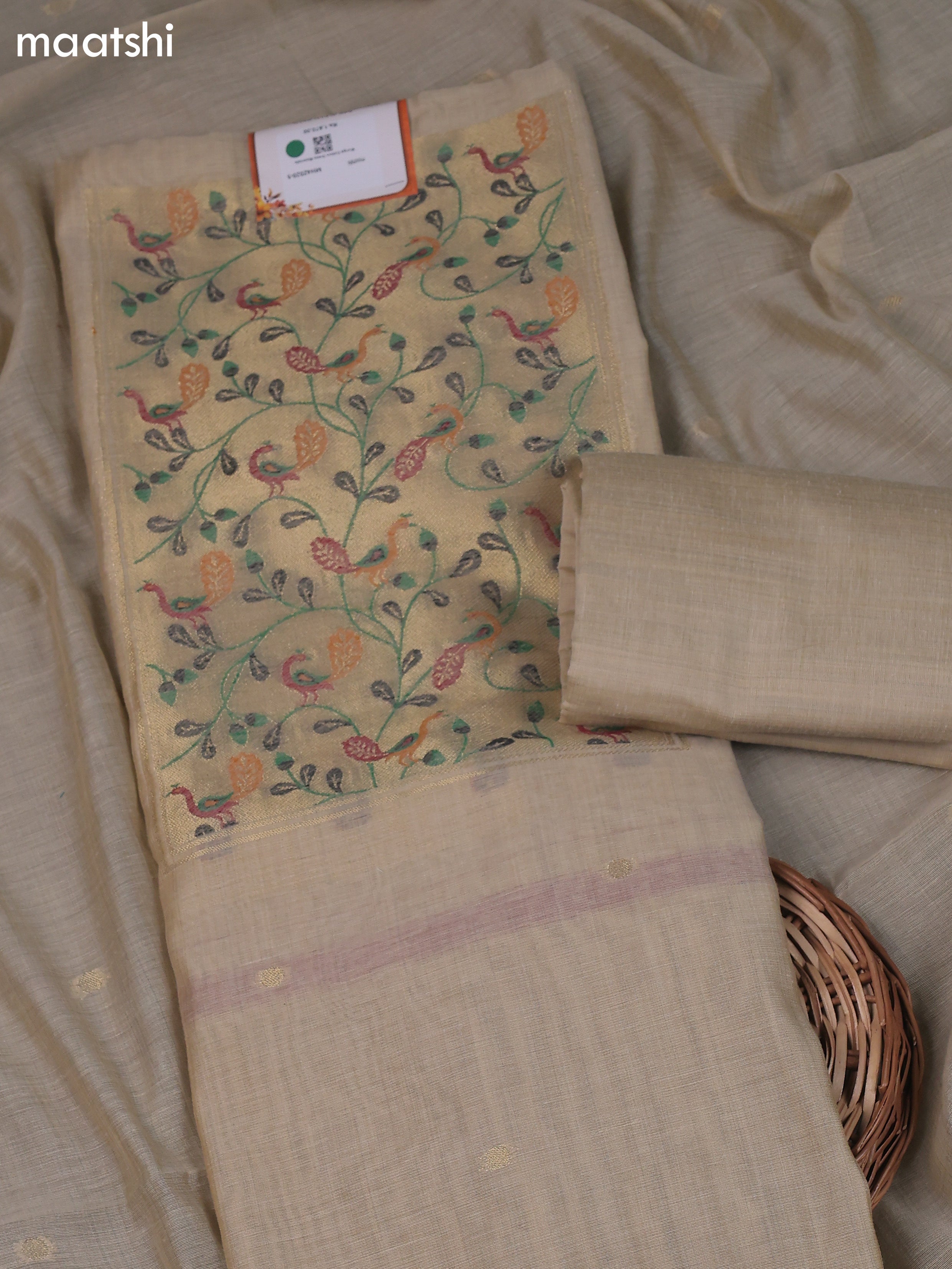 Sandal Munga Cotton Dress Material With Thread & Zari Neck Pattern