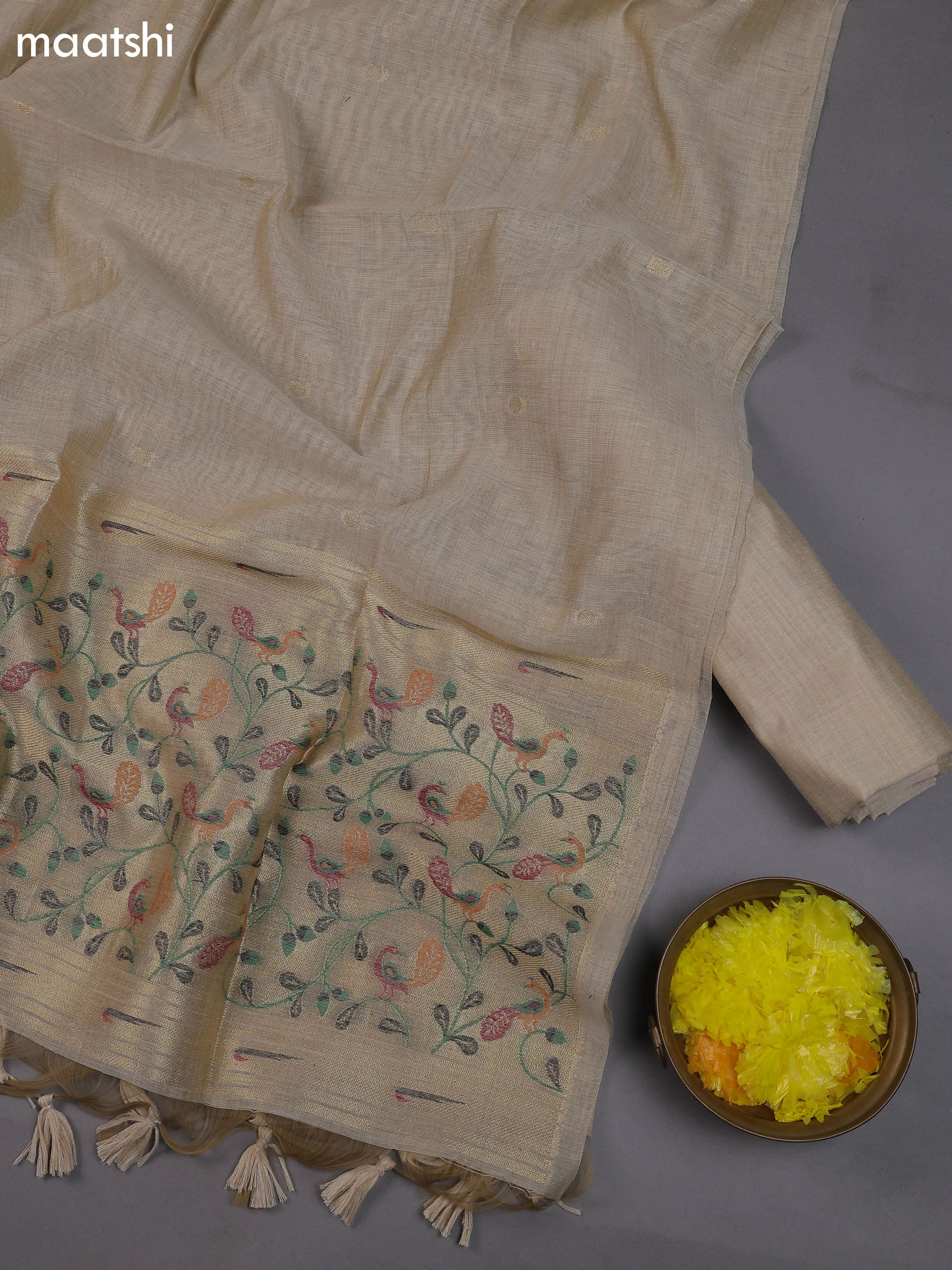 Sandal Munga Cotton Dress Material With Thread & Zari Neck Pattern