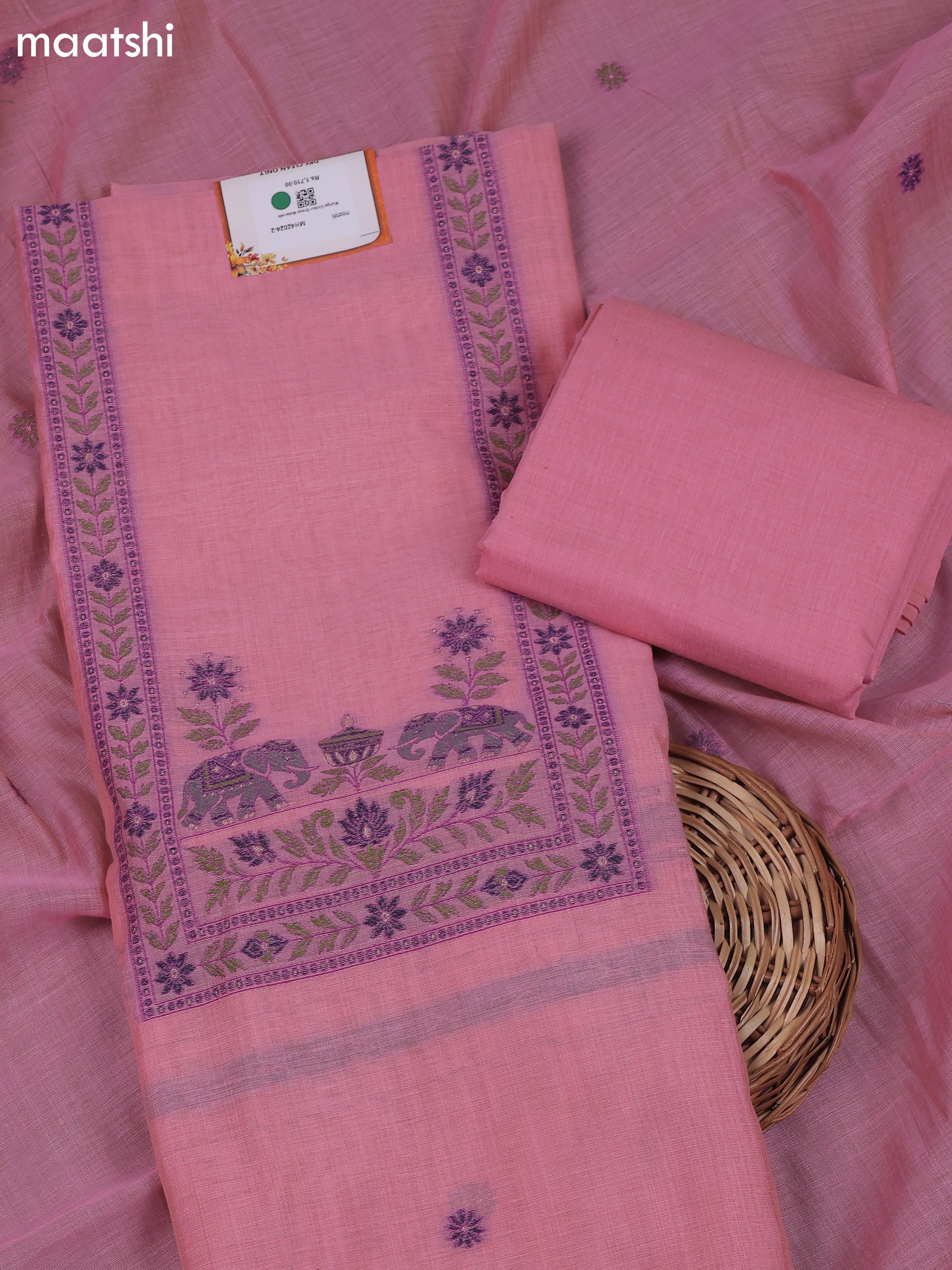 Peach Pink Munga Cotton Dress Material With Zari & Thread Woven