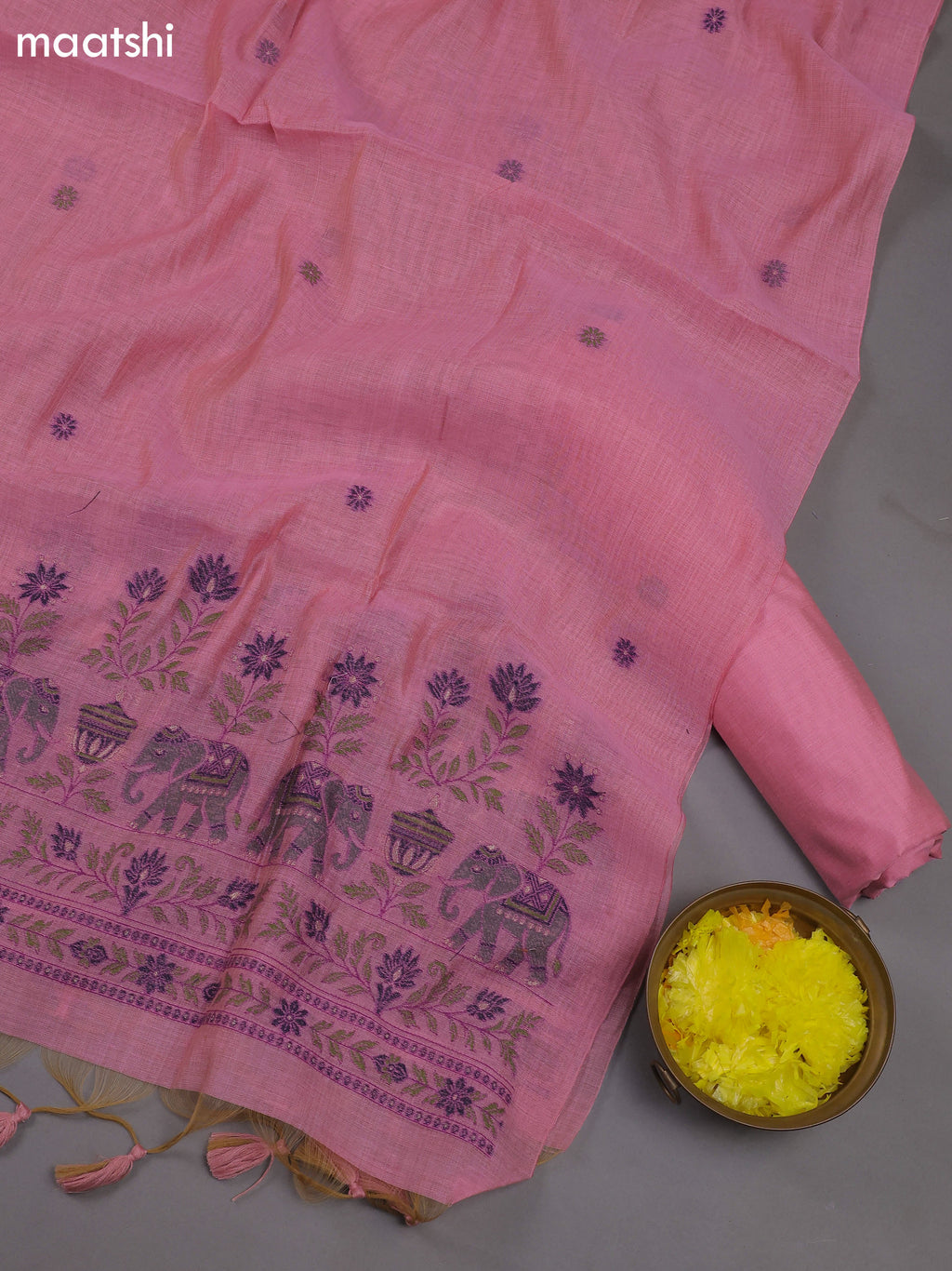 Peach Pink Munga Cotton Dress Material With Zari & Thread Woven