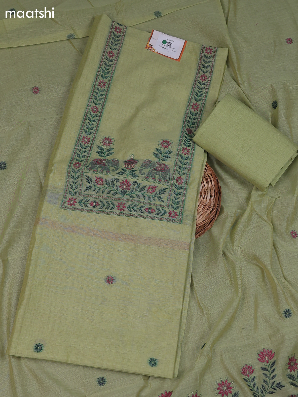 Green Munga Cotton Dress Material With Zari & Thread Woven
