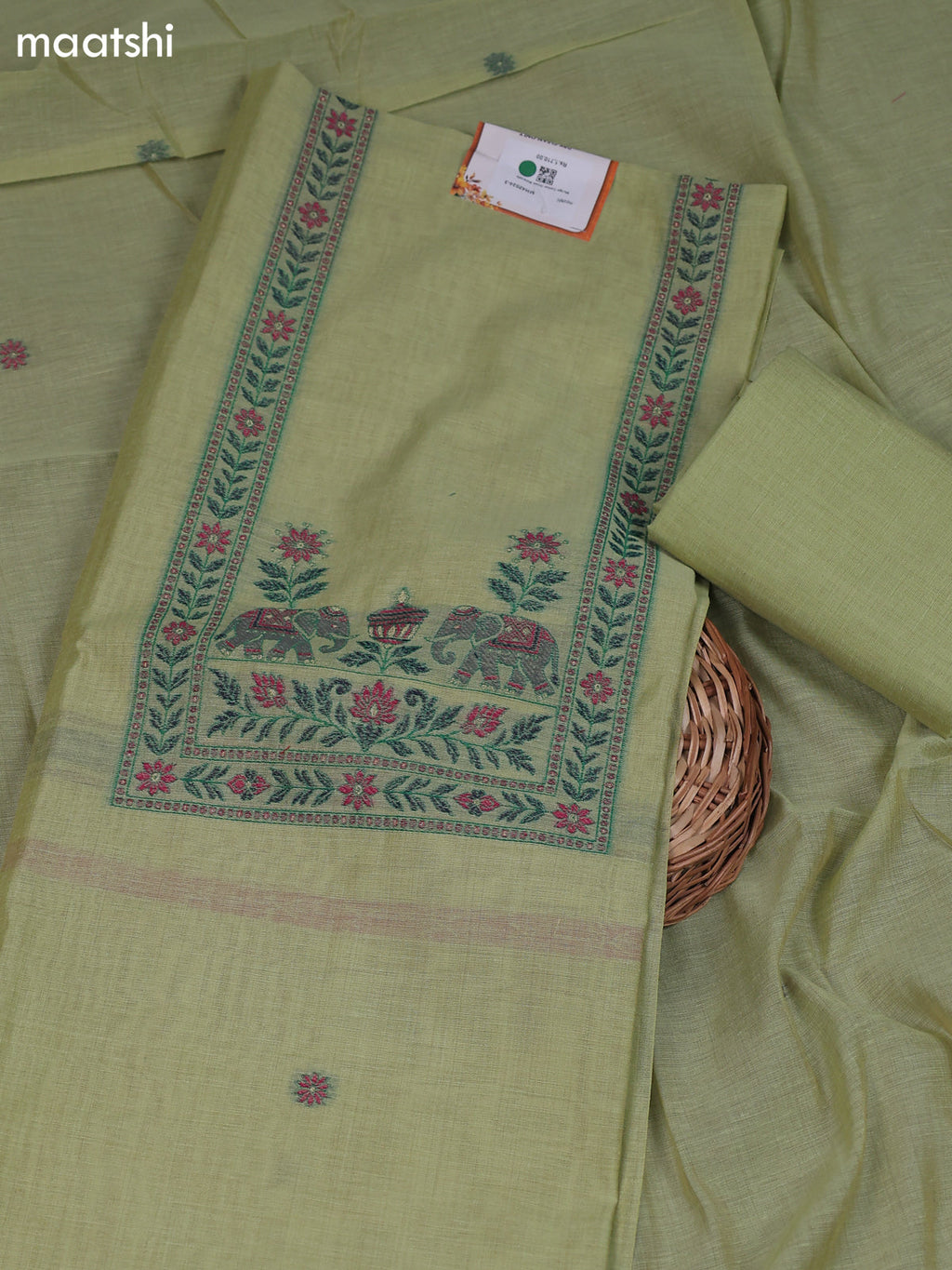 Green Munga Cotton Dress Material With Zari & Thread Woven