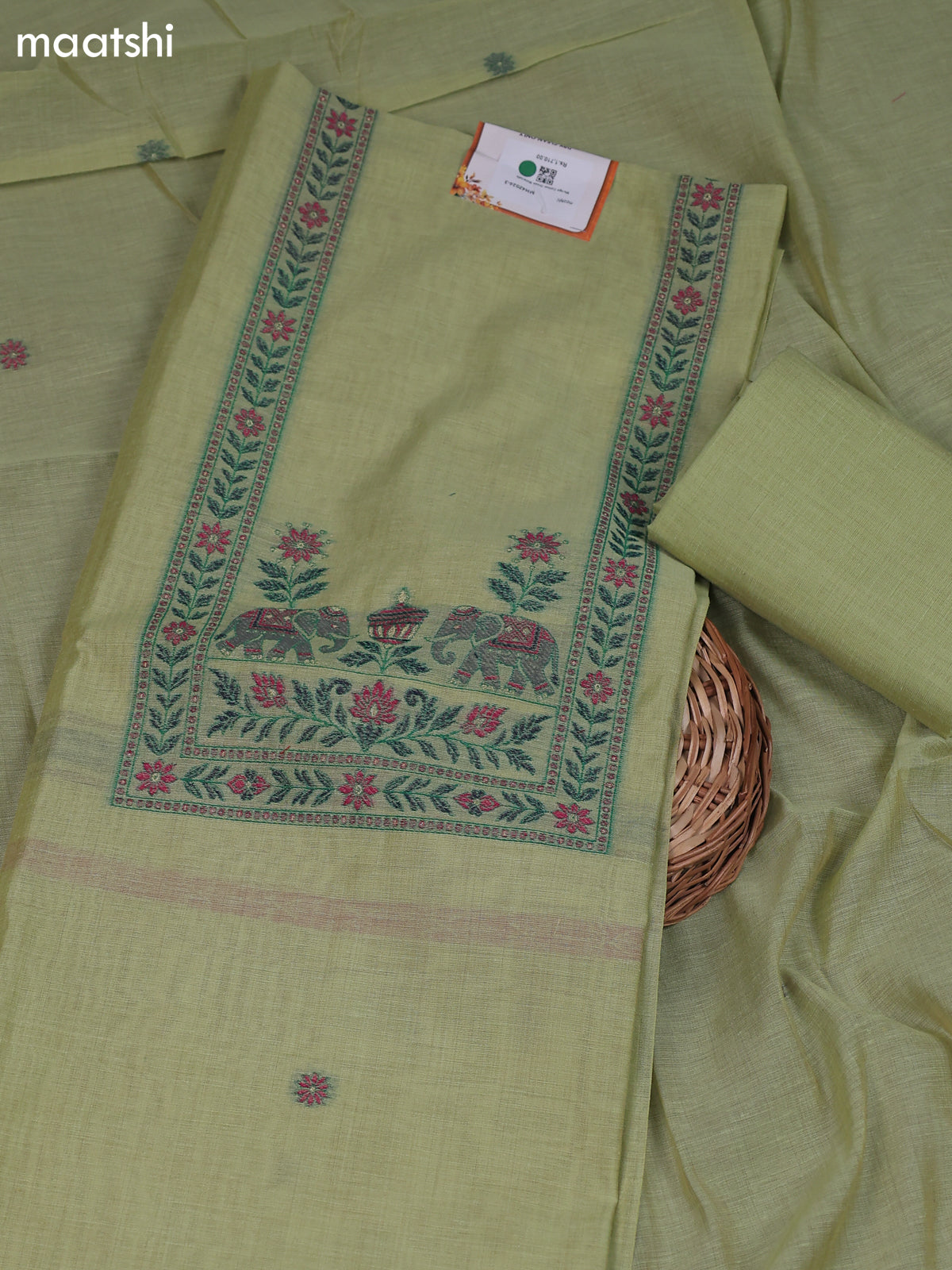 Green Munga Cotton Dress Material With Zari & Thread Woven
