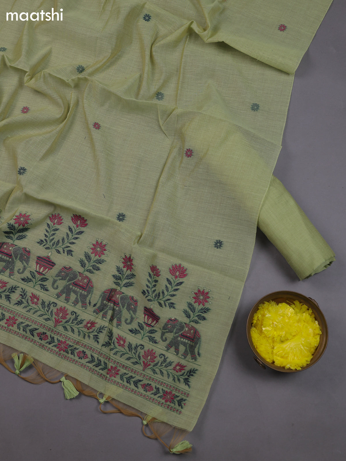 Green Munga Cotton Dress Material With Zari & Thread Woven