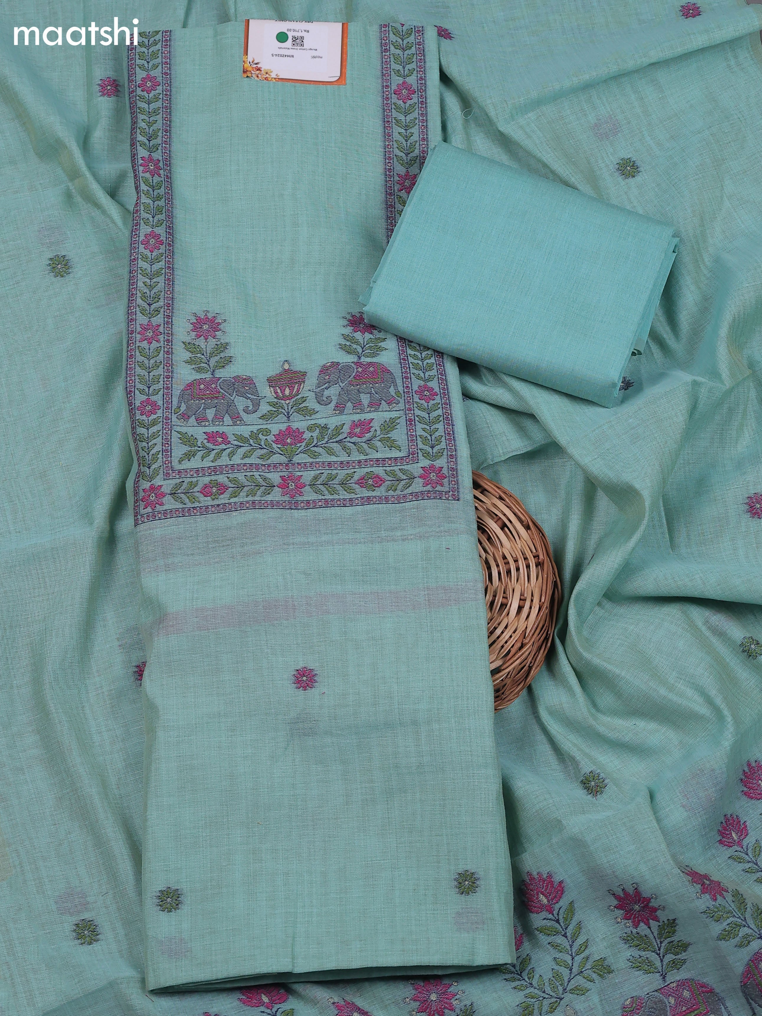 Teal Shade Munga Cotton Dress Material With Zari & Thread Woven
