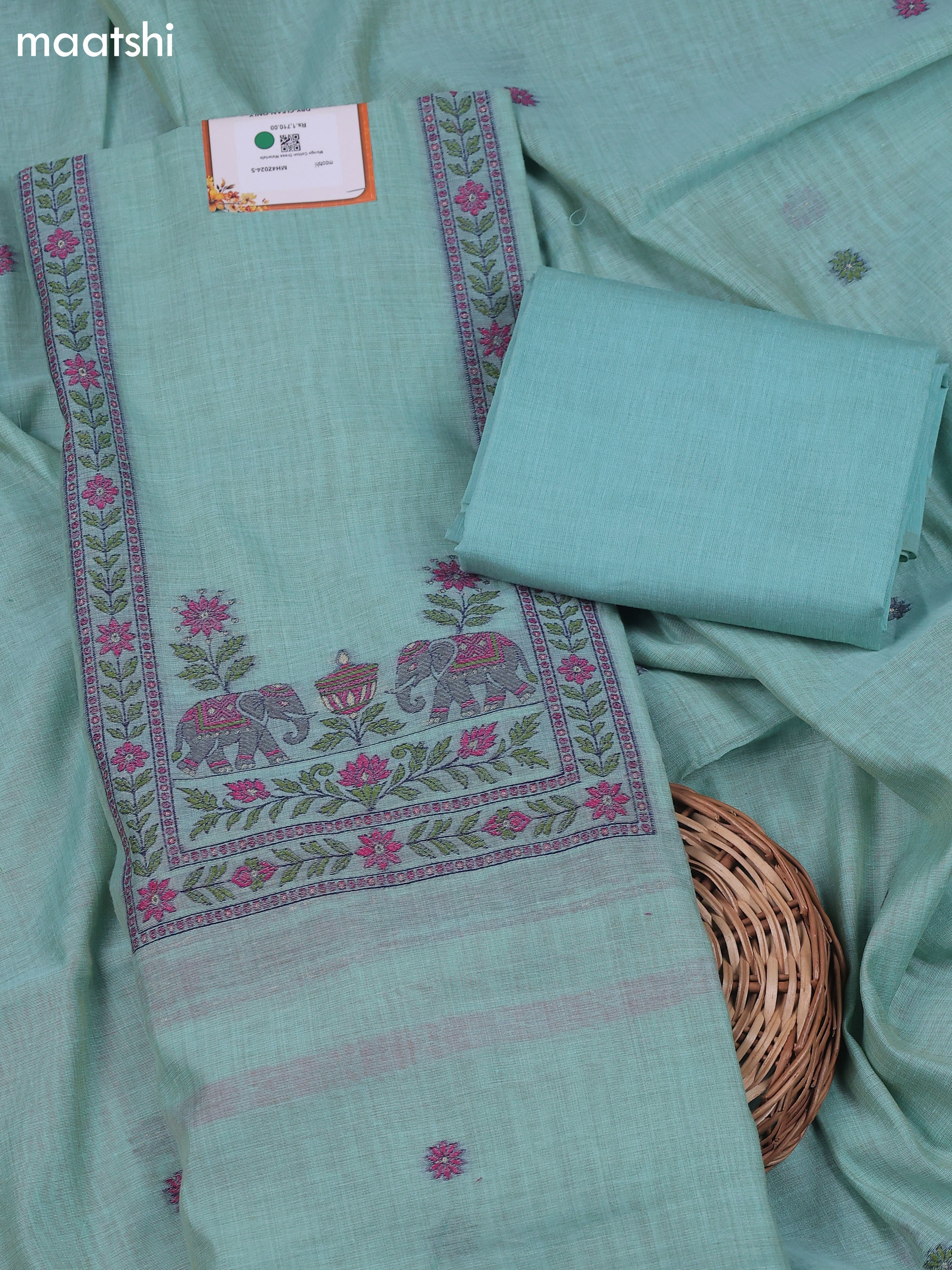 Teal Shade Munga Cotton Dress Material With Zari & Thread Woven