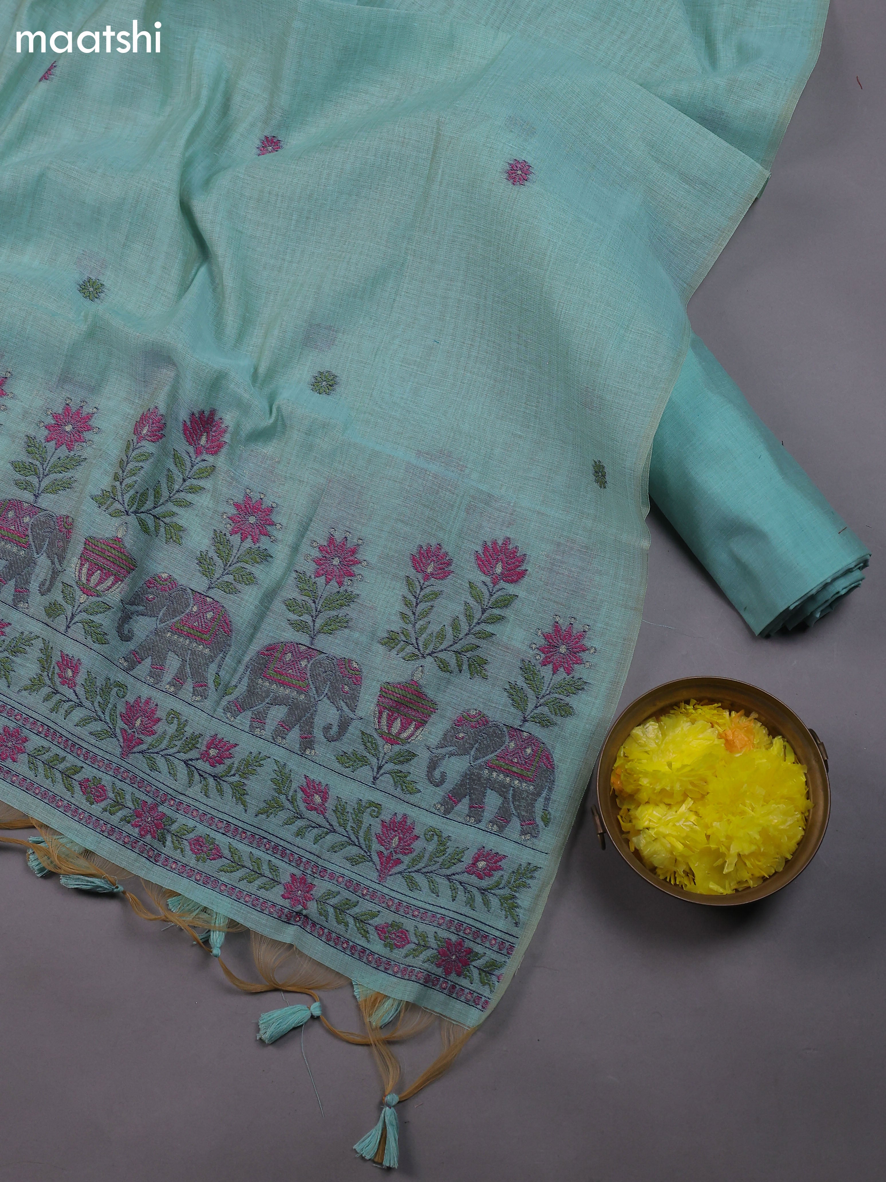 Teal Shade Munga Cotton Dress Material With Zari & Thread Woven