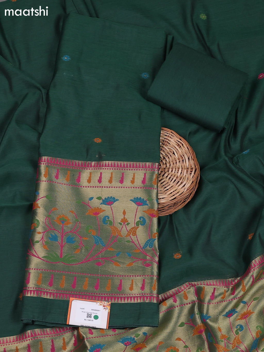 Dark Green Munga Cotton Dress Material With Thread & Zari Paidhani Style Border