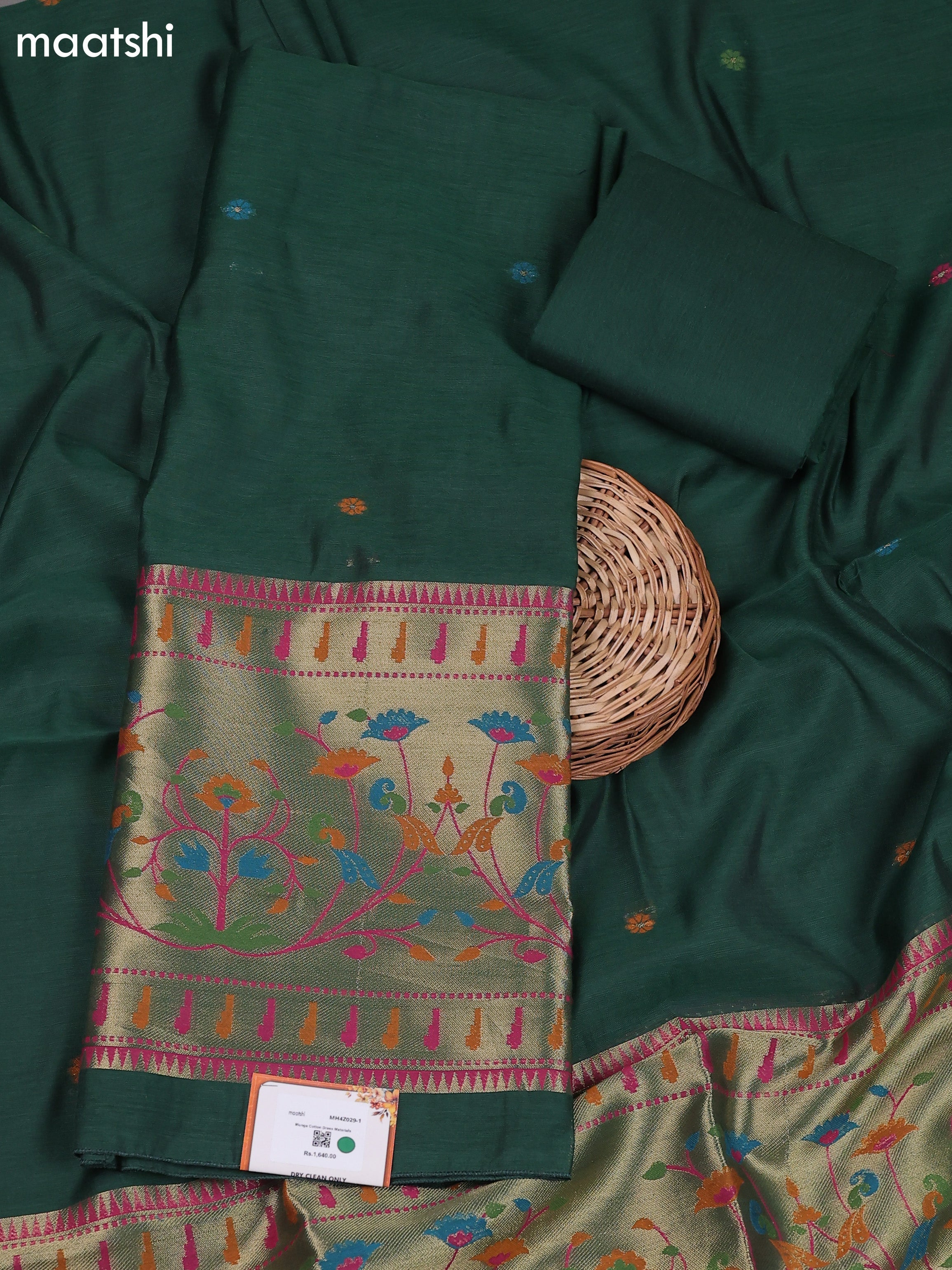 Dark Green Munga Cotton Dress Material With Thread & Zari Paidhani Style Border