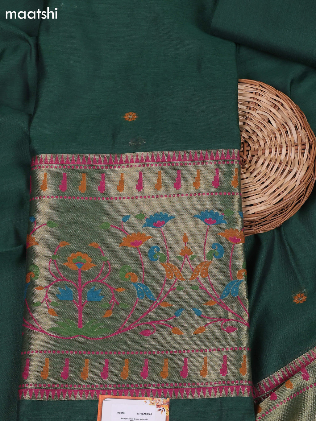 Dark Green Munga Cotton Dress Material With Thread & Zari Paidhani Style Border