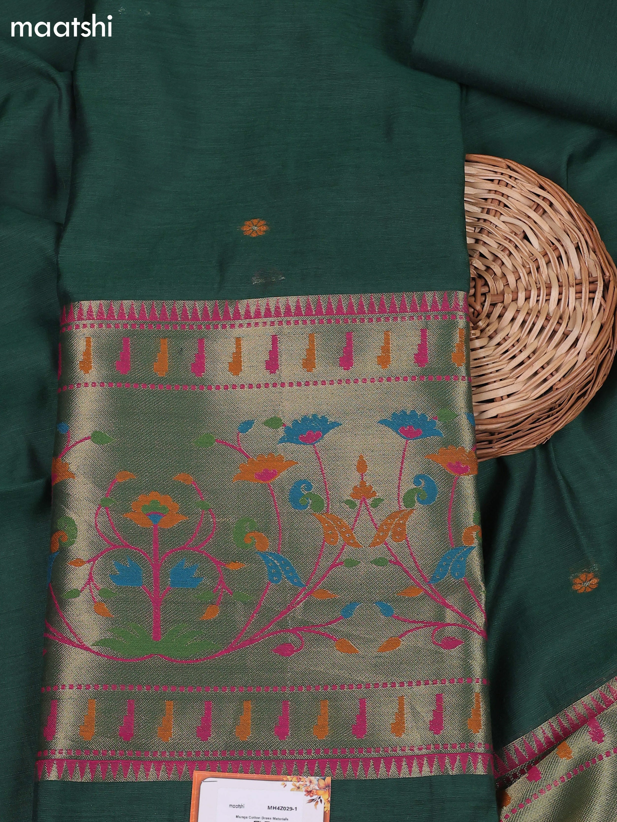 Dark Green Munga Cotton Dress Material With Thread & Zari Paidhani Style Border