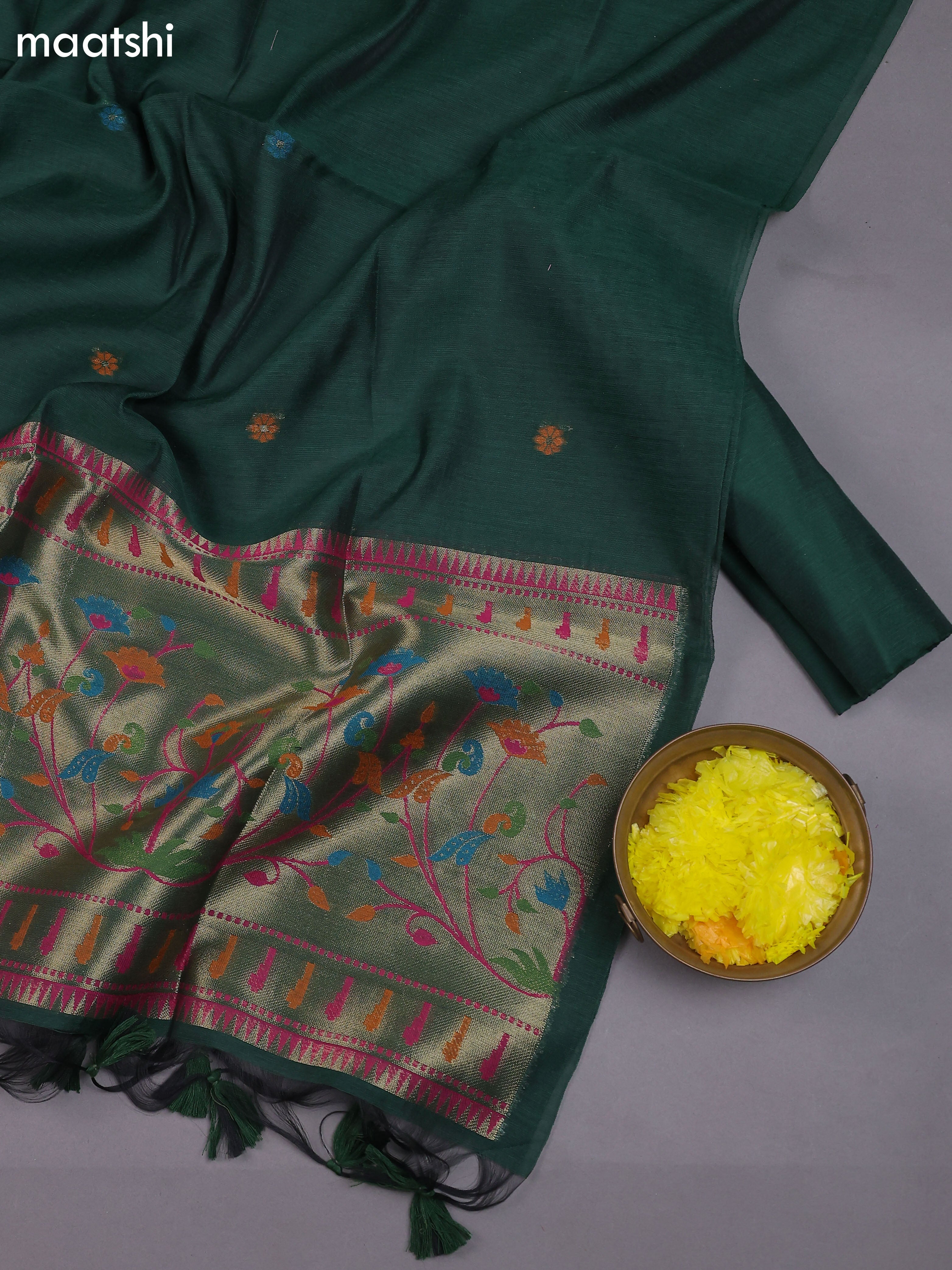 Dark Green Munga Cotton Dress Material With Thread & Zari Paidhani Style Border