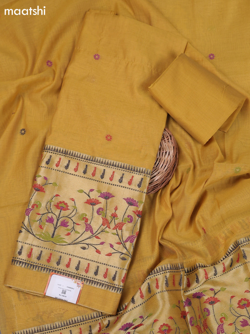 Mustard Yellow Munga Cotton Dress Material With Thread & Zari Paidhani Style Border