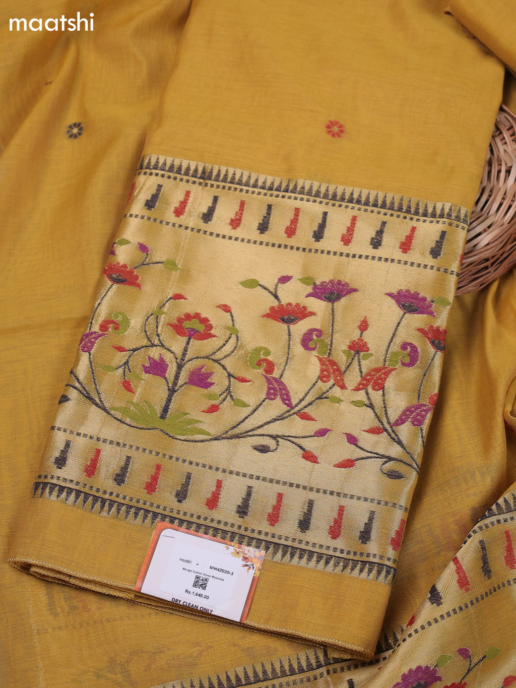 Mustard Yellow Munga Cotton Dress Material With Thread & Zari Paidhani Style Border