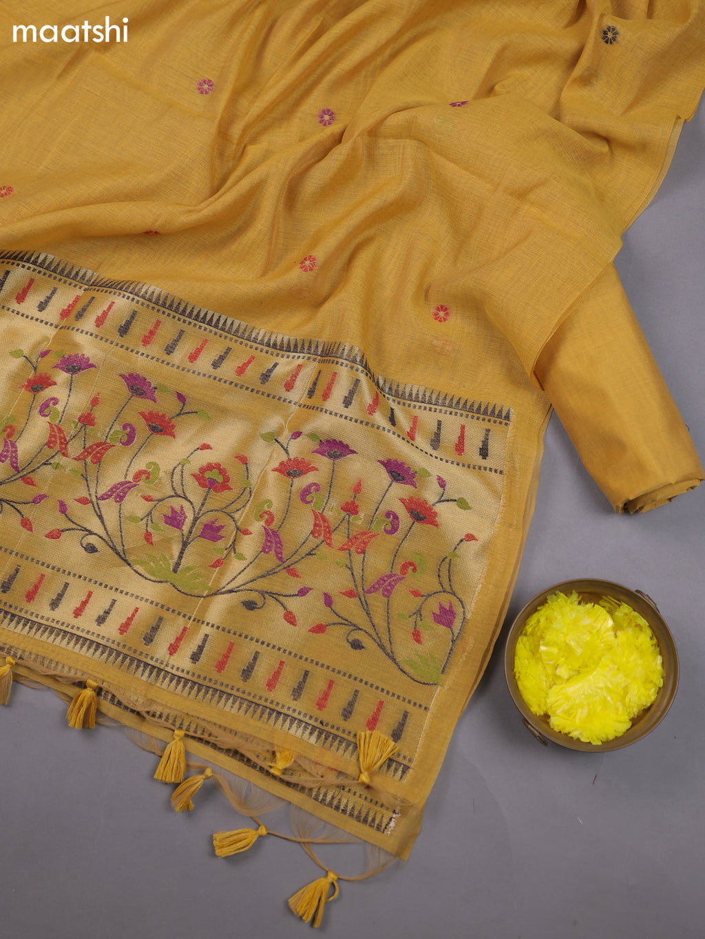 Mustard Yellow Munga Cotton Dress Material With Thread & Zari Paidhani Style Border