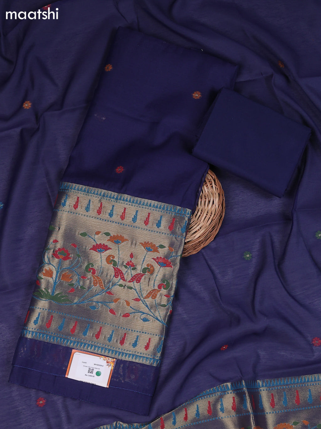 Navy Blue Munga Cotton Dress Material With Thread & Zari Paidhani Style Border