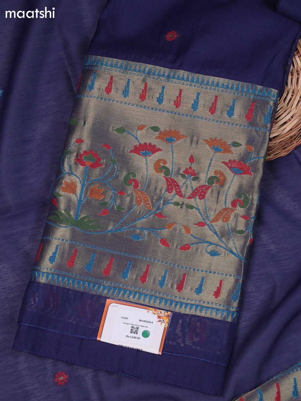 Navy Blue Munga Cotton Dress Material With Thread & Zari Paidhani Style Border